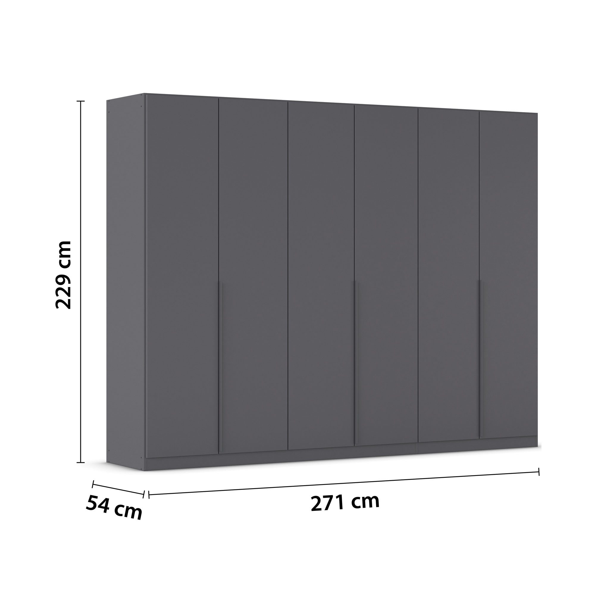 Grau-Metallicer 6-türiger Kleiderschrank mit Maßangaben Breite 271 cm, Höhe 229 cm und Tiefe 54 cm
