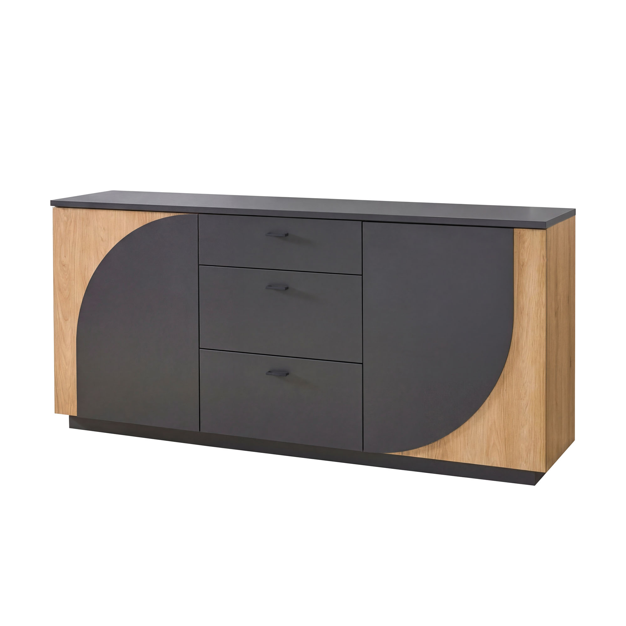 Graues Sideboard mit abgerundeten Seitenelementen in Eiche Samt drei Schubladen und zwei Türen