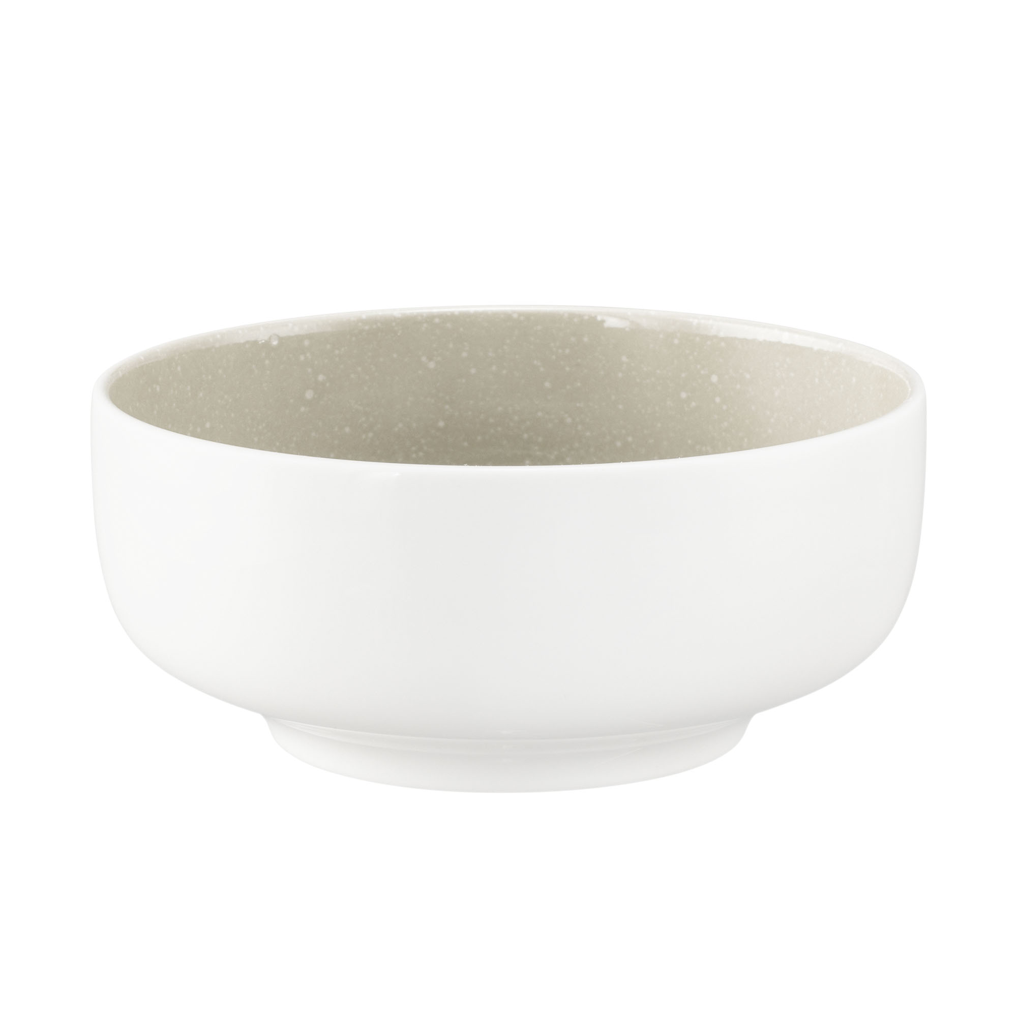 Schale in Weiß und Grau-Beige; schräge Ansicht von vorn. Sichtbare Gestaltung: runde Form mit weißer Außenseite und gesprenkeltem Innenraum.