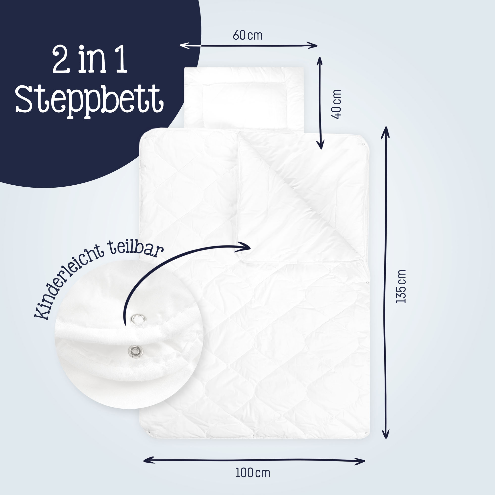 Grafische Darstellung der Steppdecke und des Kissens mit Maßen 100 × 135 Zentimeter und 40 × 60 Zentimeter sowie Hinweis auf teilbare Funktionen durch Druckknöpfe