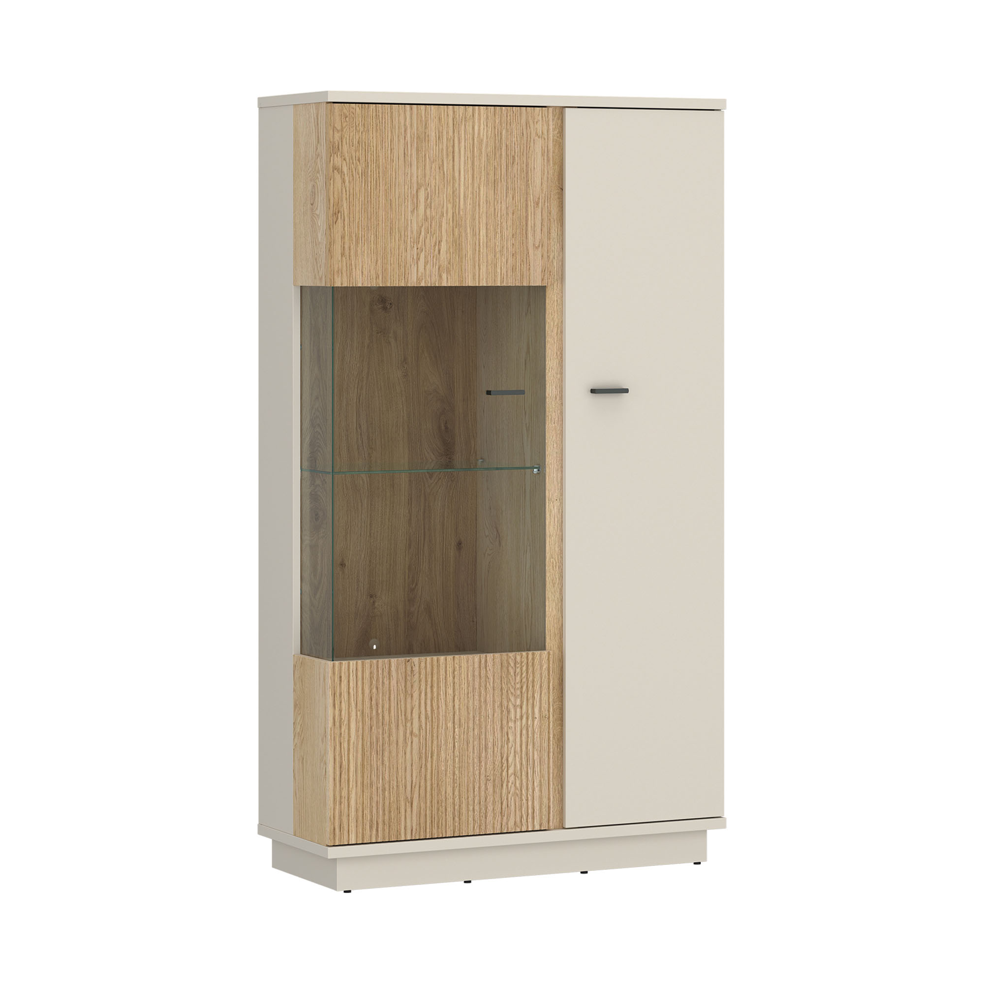 Moderne Kombivitrine in Kaschmir und Eiche mit Glaseinsatz, Holztür und Stauraum für Dekoration, Geschirr und Wohnaccessoires