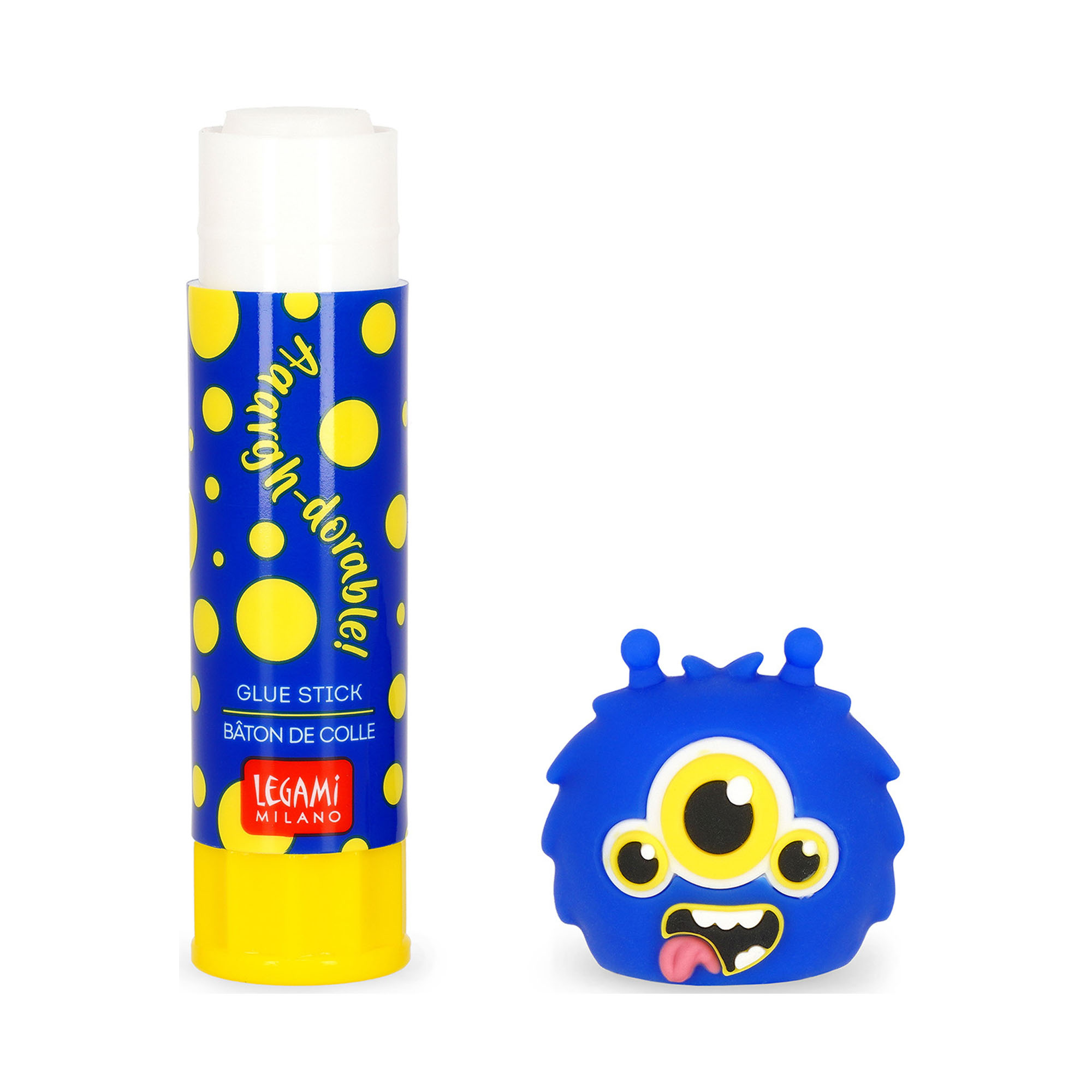 Blauer Klebestift mit Monster-Kappe, senkrecht geöffnet mit separat liegender Tierkappe gezeigt.
