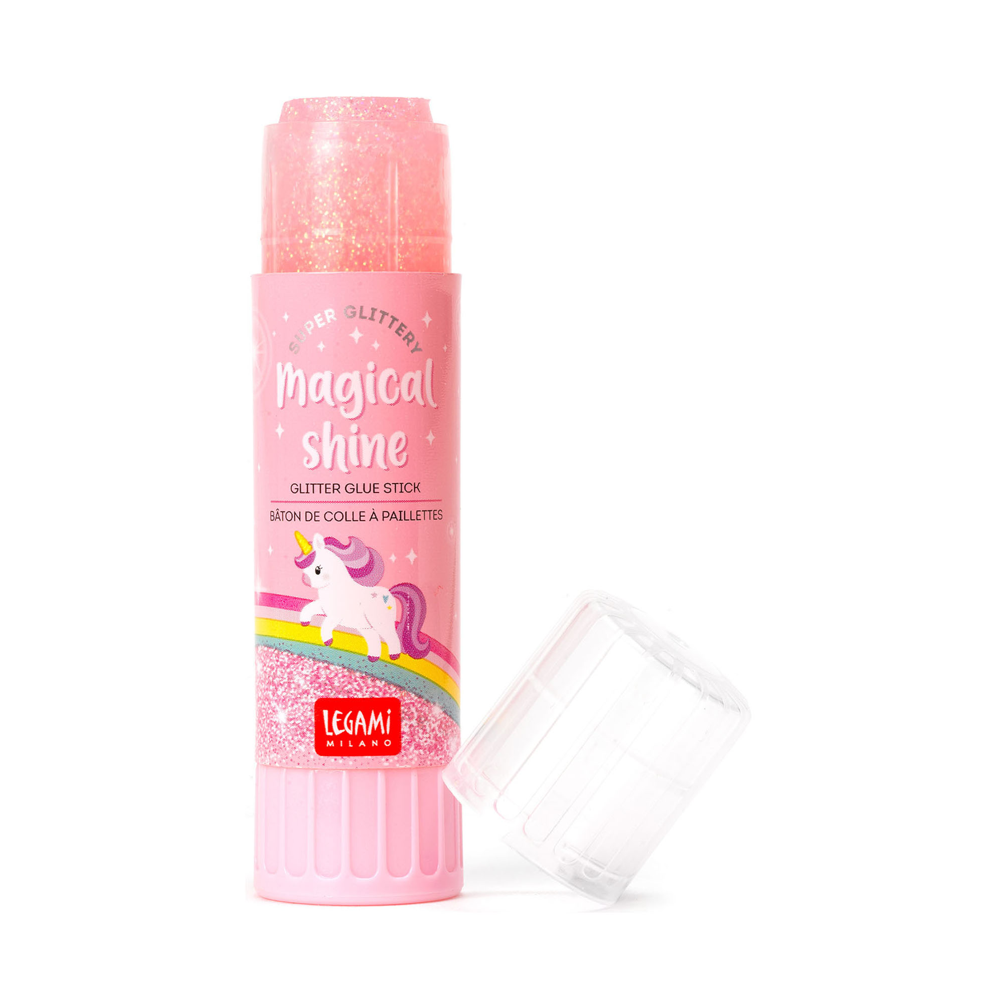 Rosa Glitzer-Klebestift im Einhorn-Design, aufrecht mit separat liegender transparenter Kappe gezeigt.