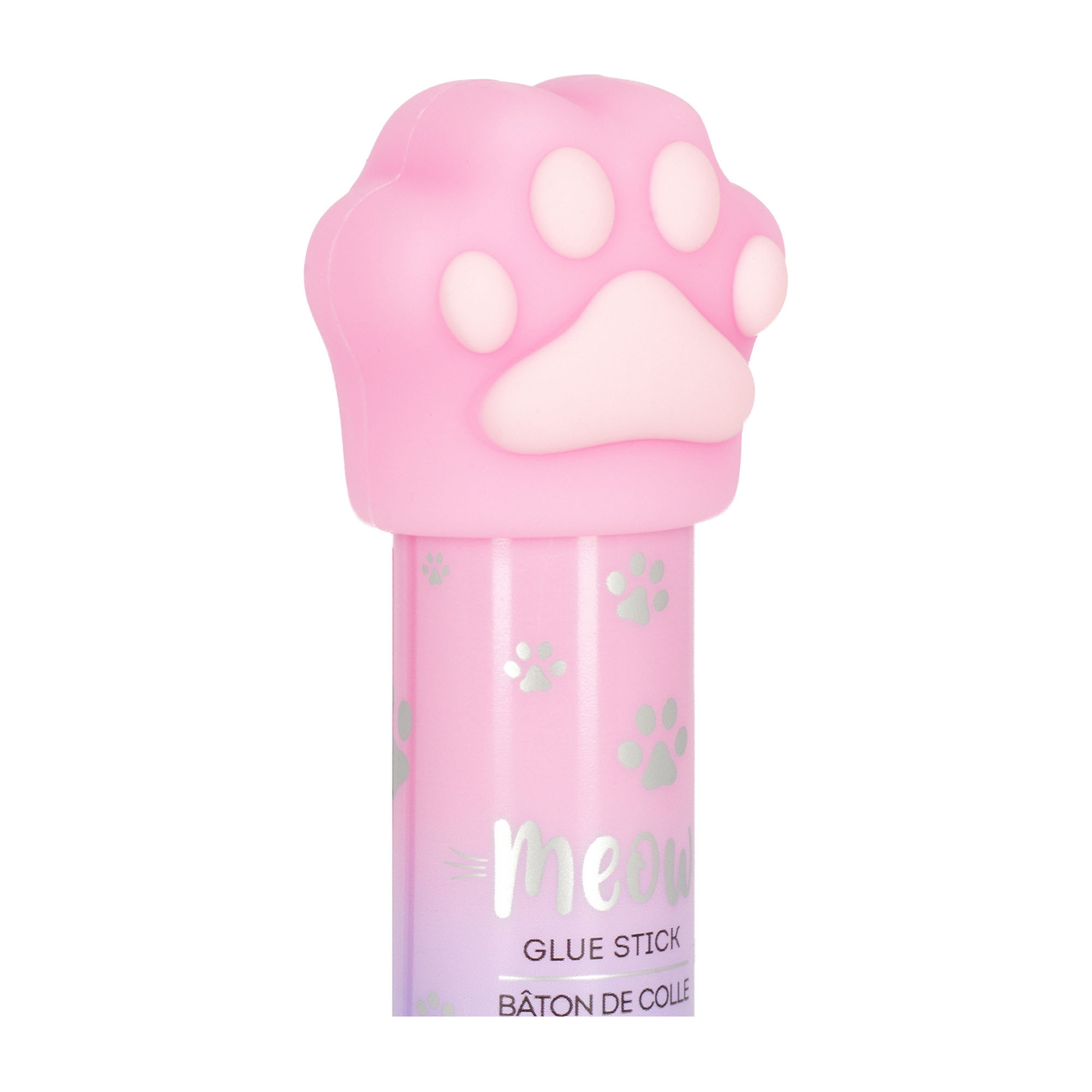 Rosa Klebestift mit Katzenpfoten-Kappe, in Nahaufnahme mit der geformten Tierkappe dargestellt.
