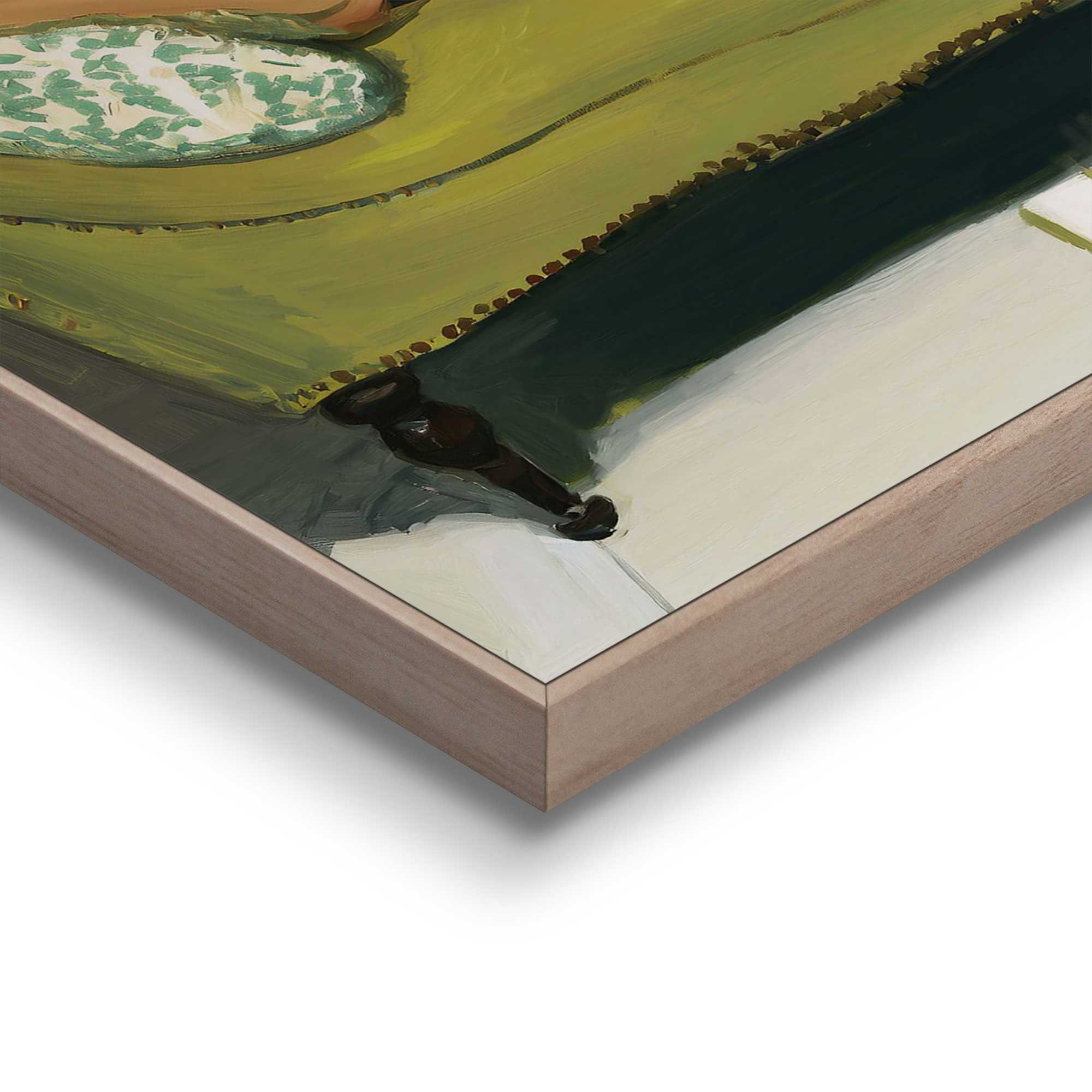 Detailaufnahme einer Ecke des Wandbilds „Napping Beauty“, 40 × 50 cm; Oberfläche, Kante und Materialstärke sind sichtbar.