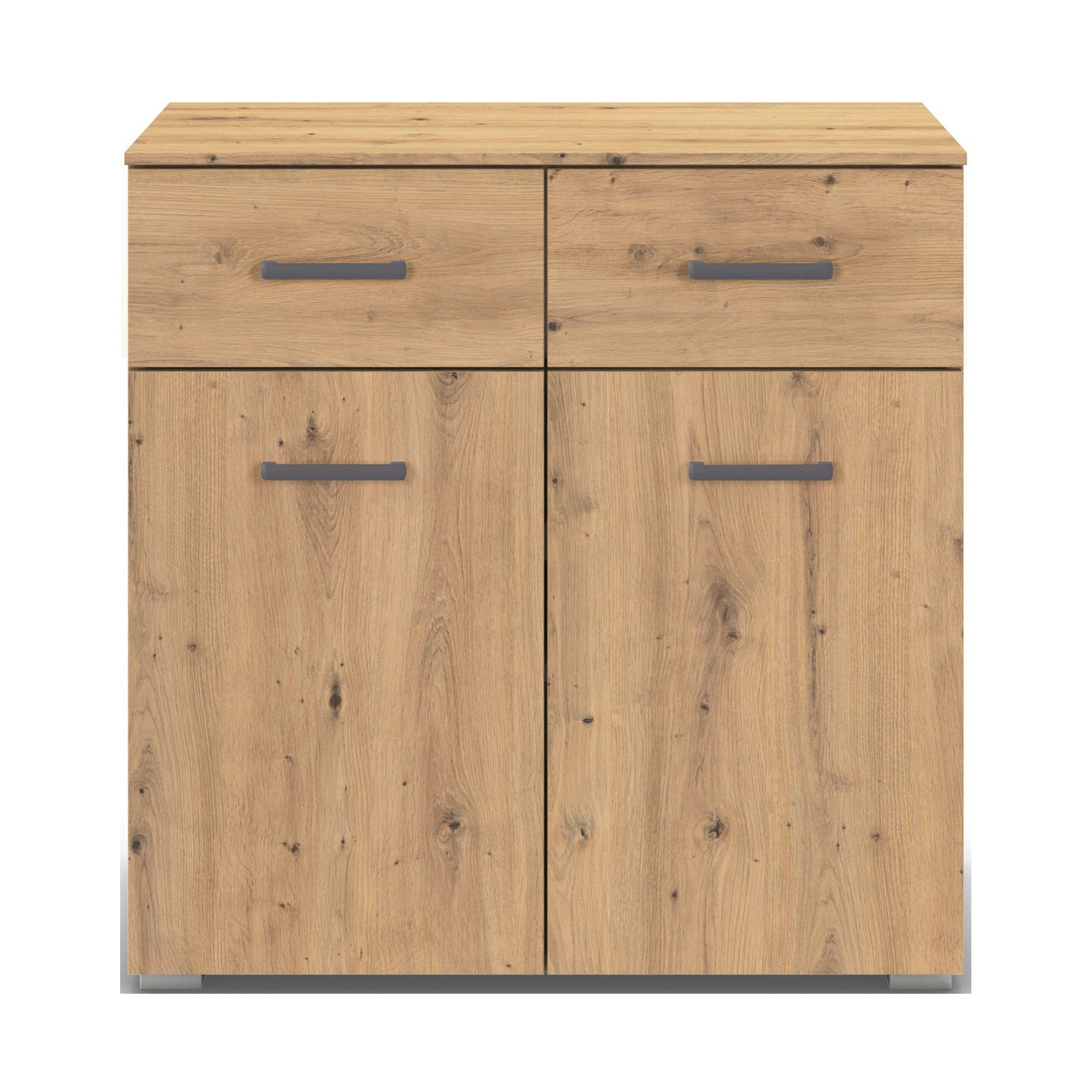 Frontale Ansicht eines Sideboards in Eiche Optik mit zwei Schubladen oben und zwei Türen unten
