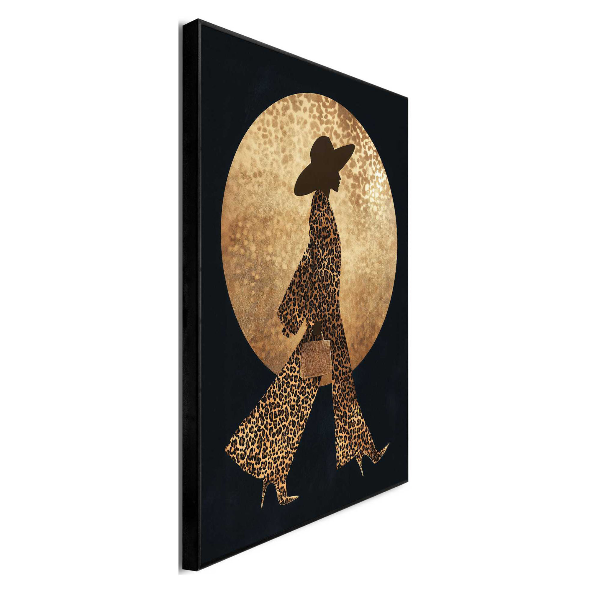 Seitliche Schrägansicht des Wandbilds „Walking Lady“, 30 × 40 cm; Profil, Kante und Tiefe des Bildes sind erkennbar.