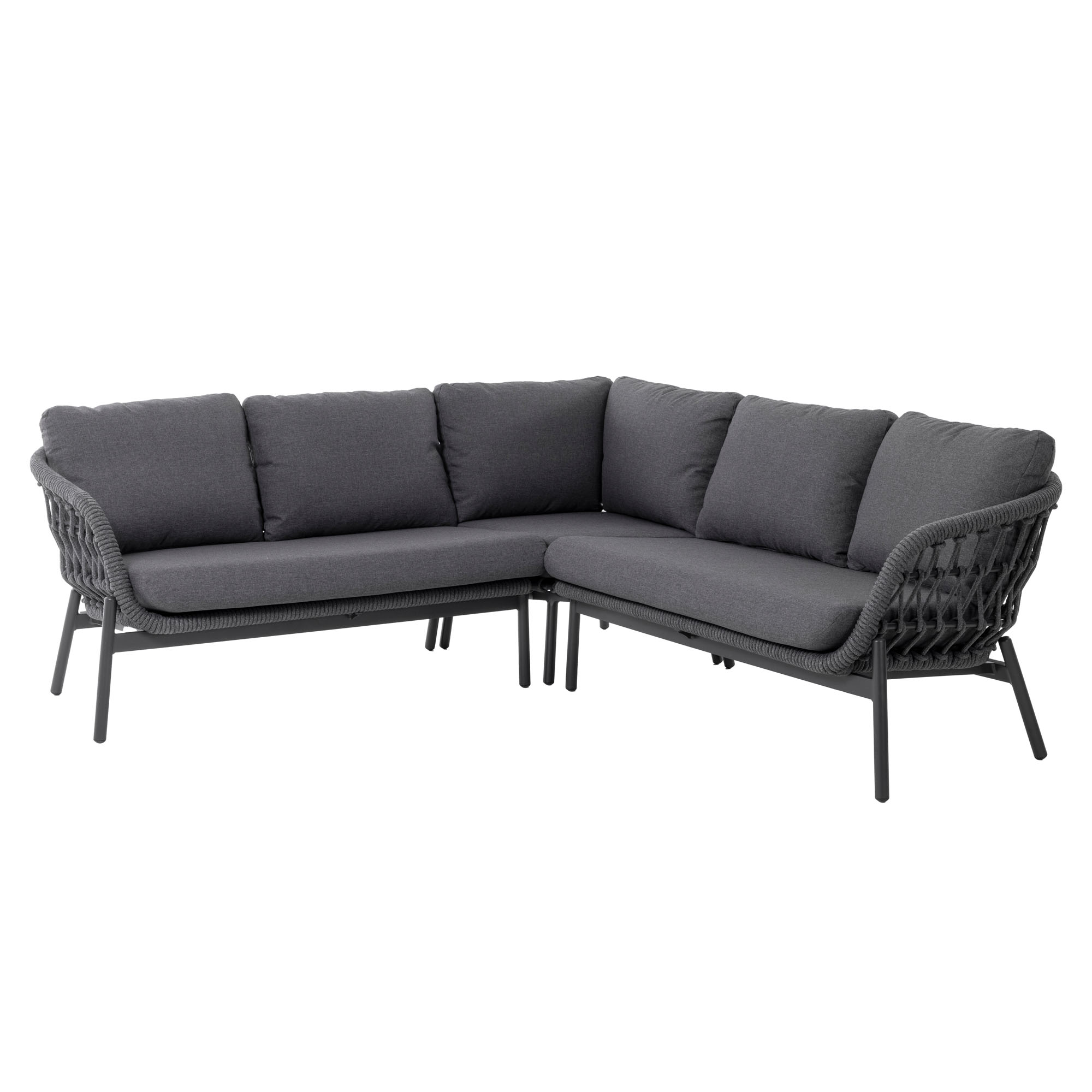 Gartenecksofa mit Eckelement und Polsterauflagen vor weißem Hintergrund