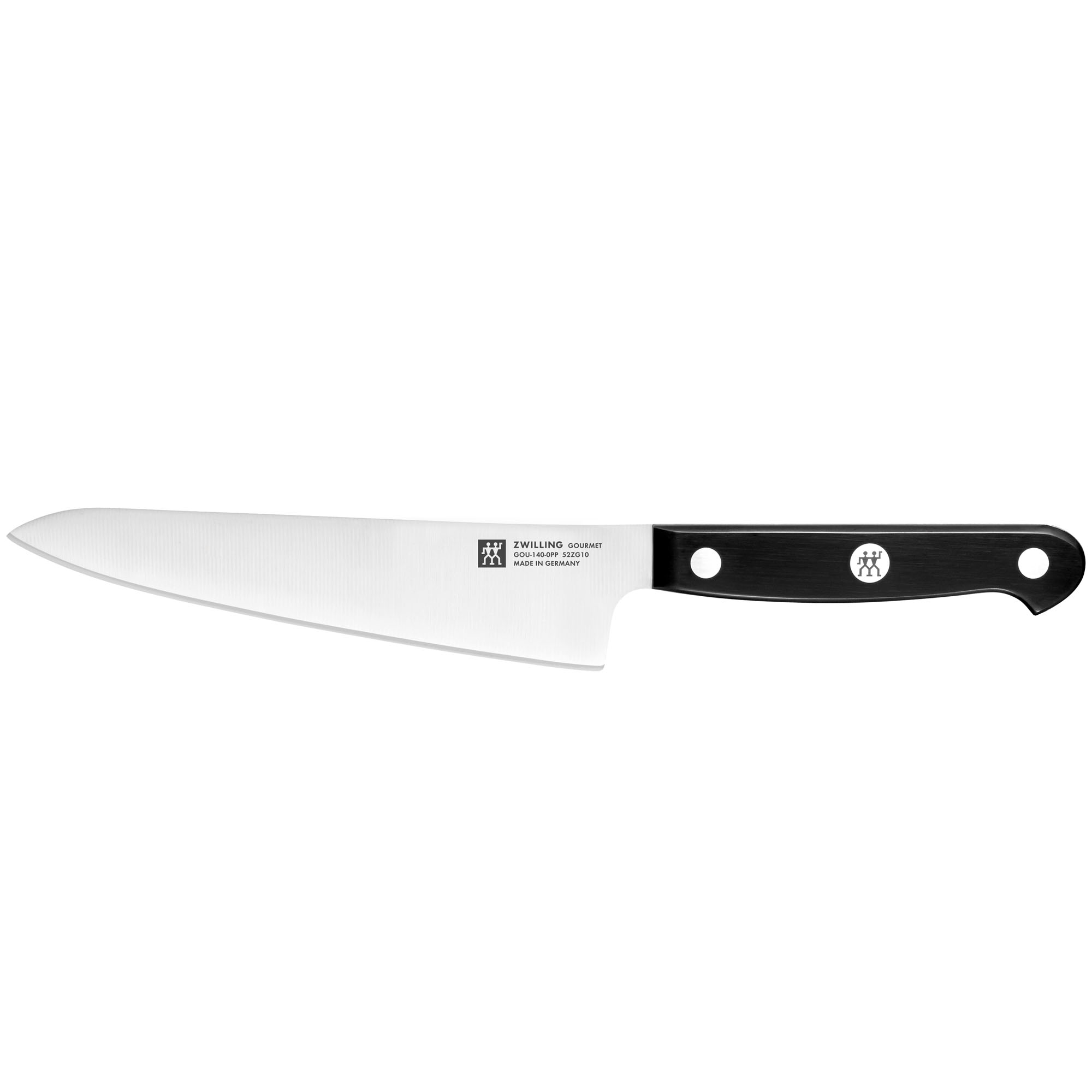 Kochmesser mit breiter Klinge und Griff, Serie Gourmet von ZWILLING, Klingenlänge 140 mm, freigestellt auf weißem Hintergrund.
