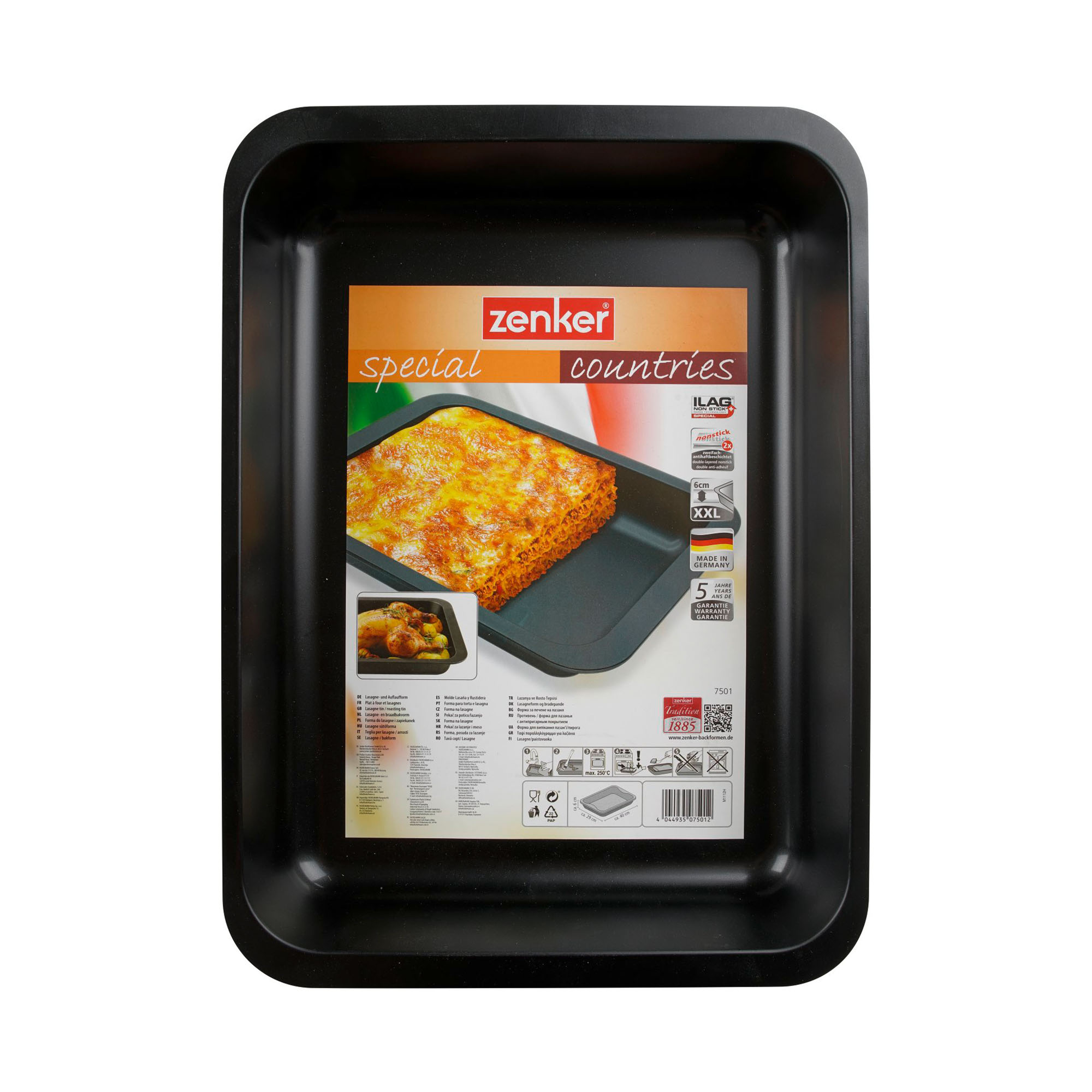 Auflaufform mit Verpackungseinleger und Abbildung einer gebackenen Lasagne als Serviervorschlag