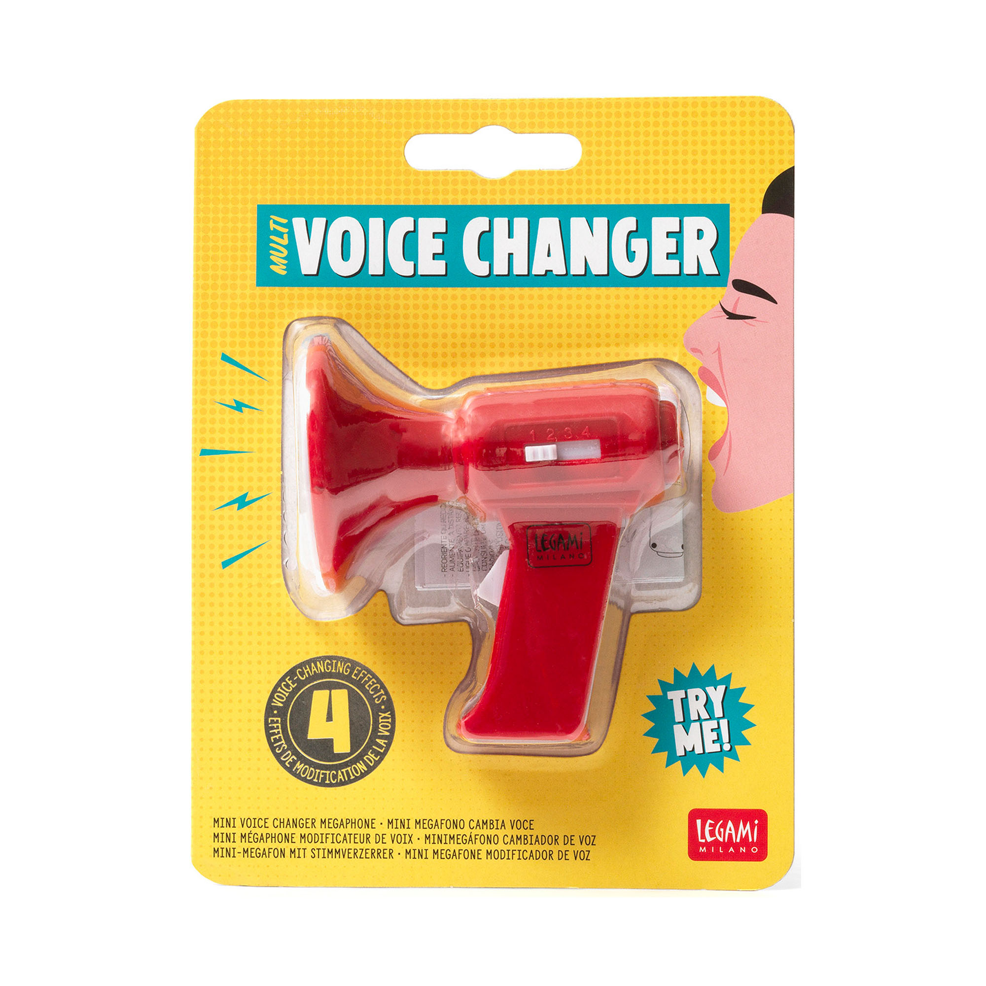 Roter Mini-Stimmenverzerrer, in einer gelben Blisterverpackung dargestellt.