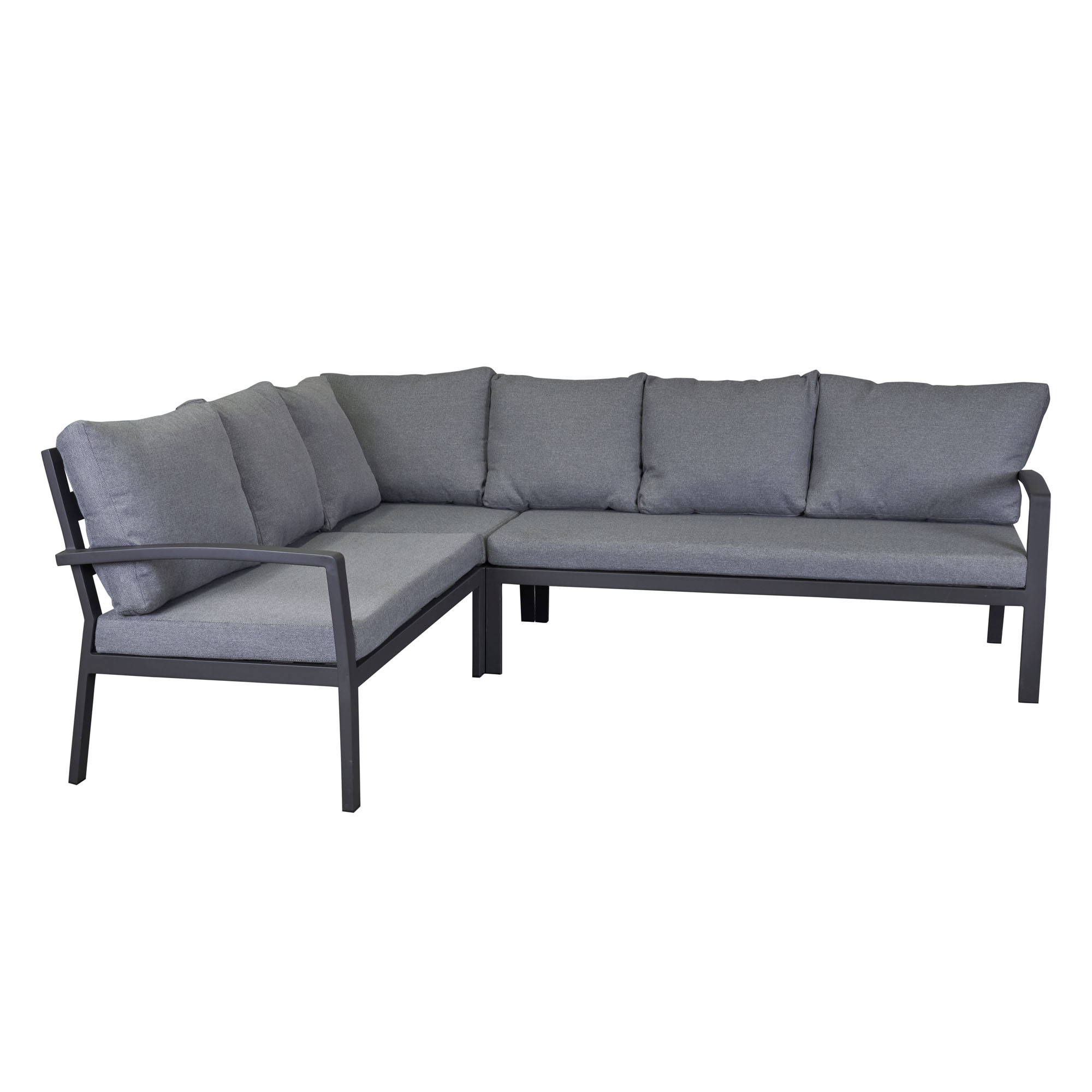 Ecksofa in L Form mit dunklem Gestell und mehreren Sitz und Rückenpolstern vor weißem Hintergrund