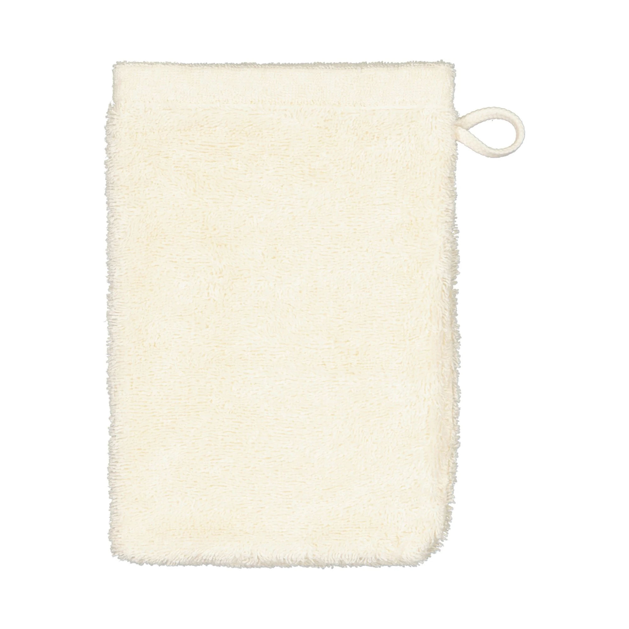 Waschhandschuh in der Farbe Natur, frontal auf weißem Hintergrund mit seitlicher Aufhängeschlaufe und gleichmäßiger Frotteeoberfläche.