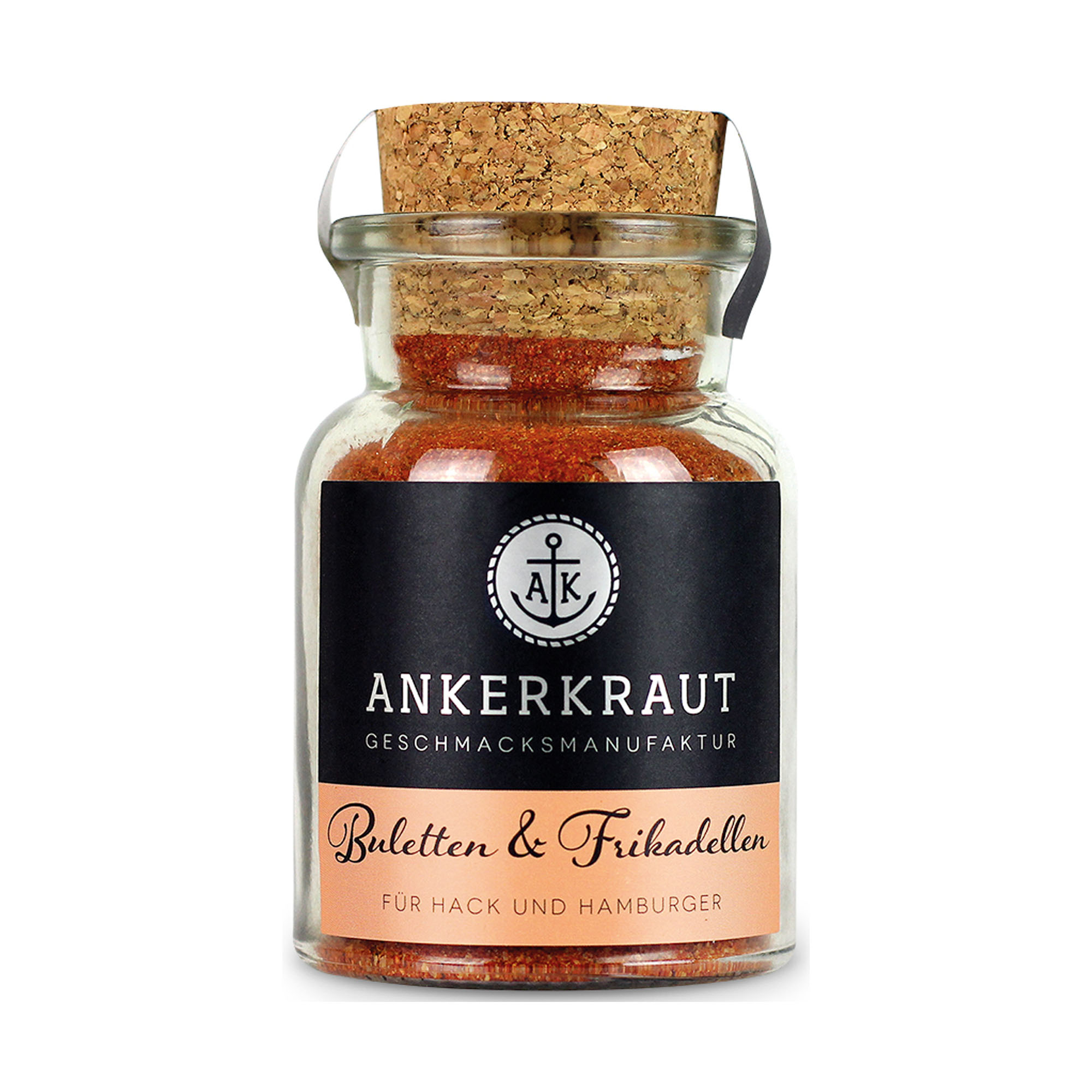 Korkenglas mit der Ankerkraut-Mischung Buletten & Frikadellen; durch das Glas sind rötlich-braune Gewürzbestandteile erkennbar.
