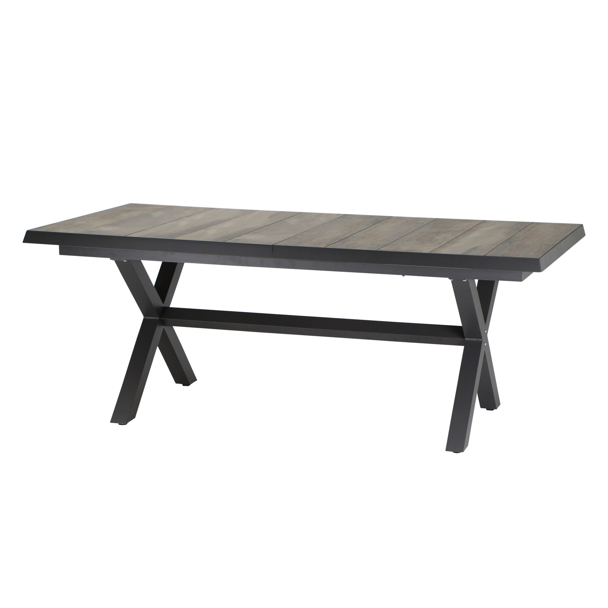 Ein rechteckiger Tisch mit grauer Holzoptik-Platte und schwarzem Gestell, schräg von vorne aufgenommen.