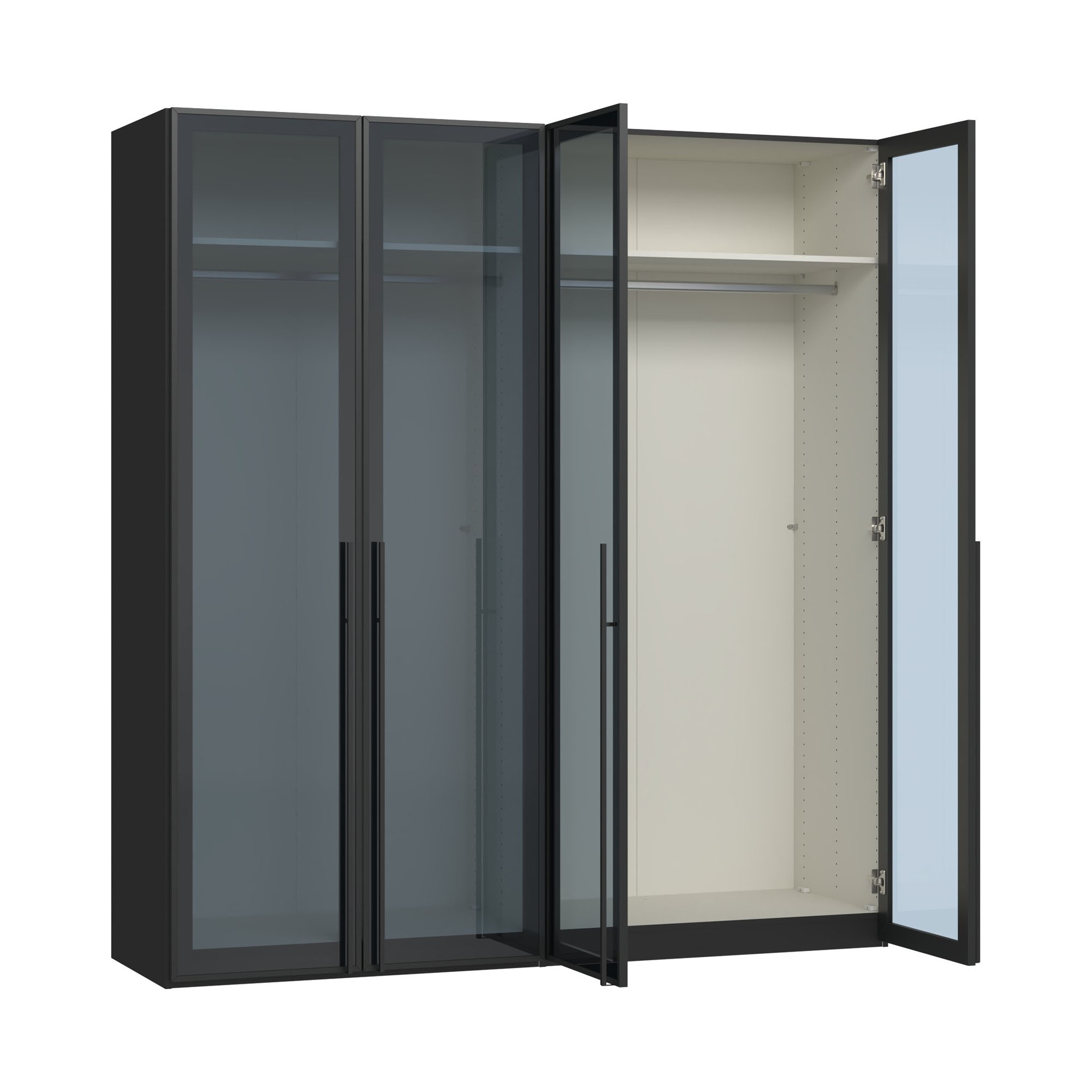 Drehtürenschrank mit teilweise geöffneten Glastüren und sichtbarem Innenraum