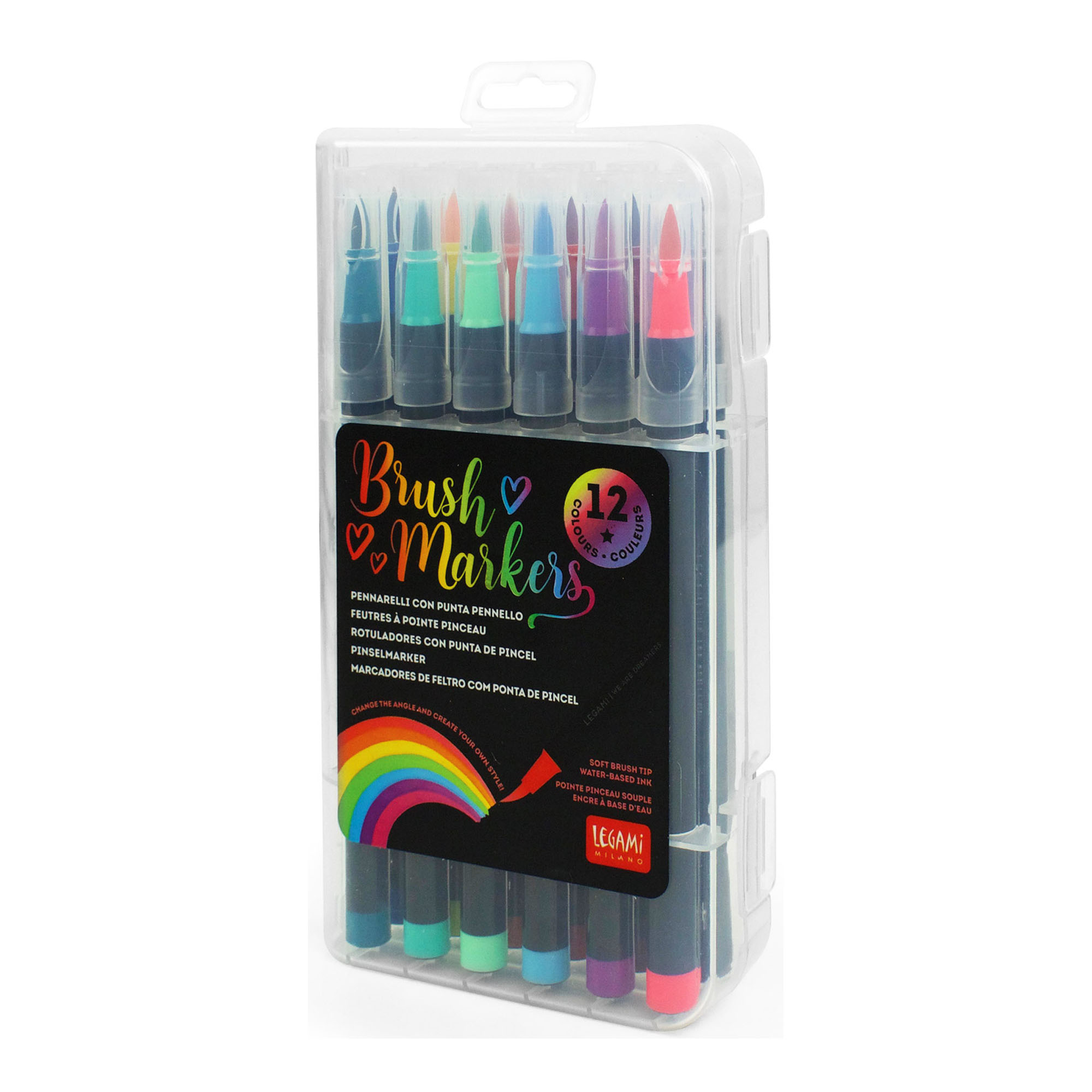 Zwölf Brushpens in kräftigen Farben, in einer transparenten Kunststoffbox geschlossen dargestellt.