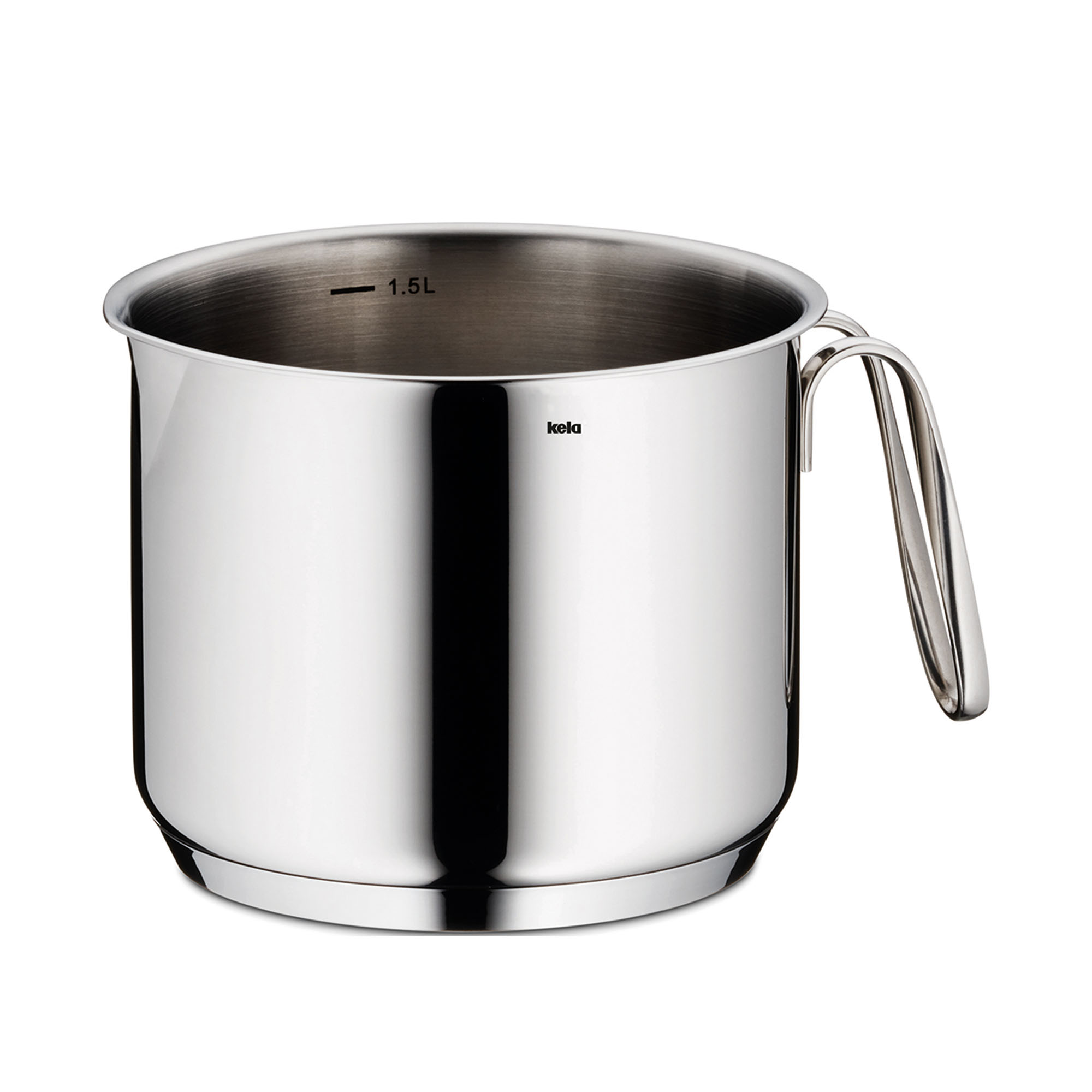 Zylindrischer Milchtopf aus silberfarbenem Edelstahl mit Ausgießrand und seitlichem Metallgriff