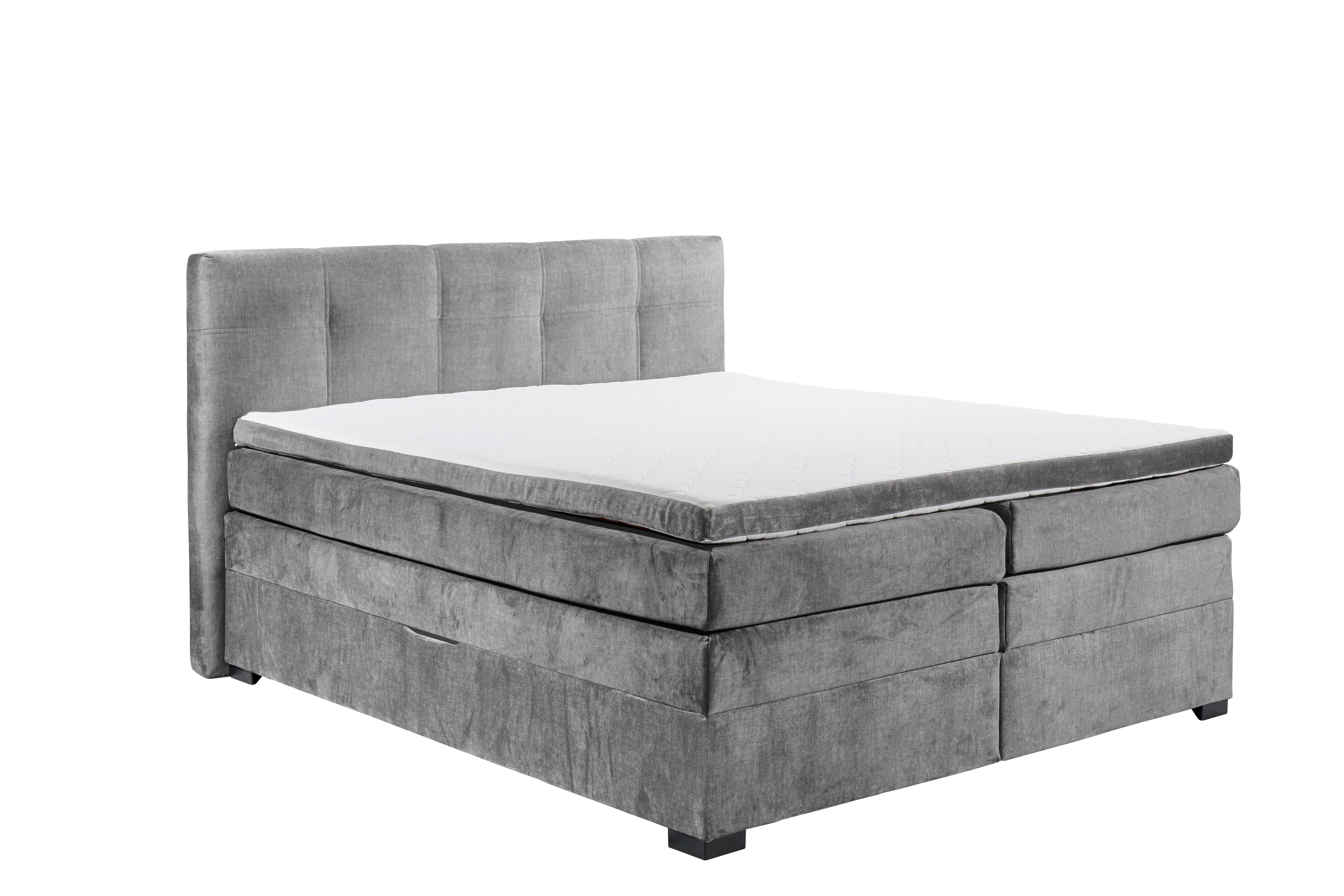 Boxspringbett „Vogue 15 grey“ mit Bettkasten und Tonnentaschenfederkern-Matratze, schräg fotografiert, Liegefläche ohne Kissen