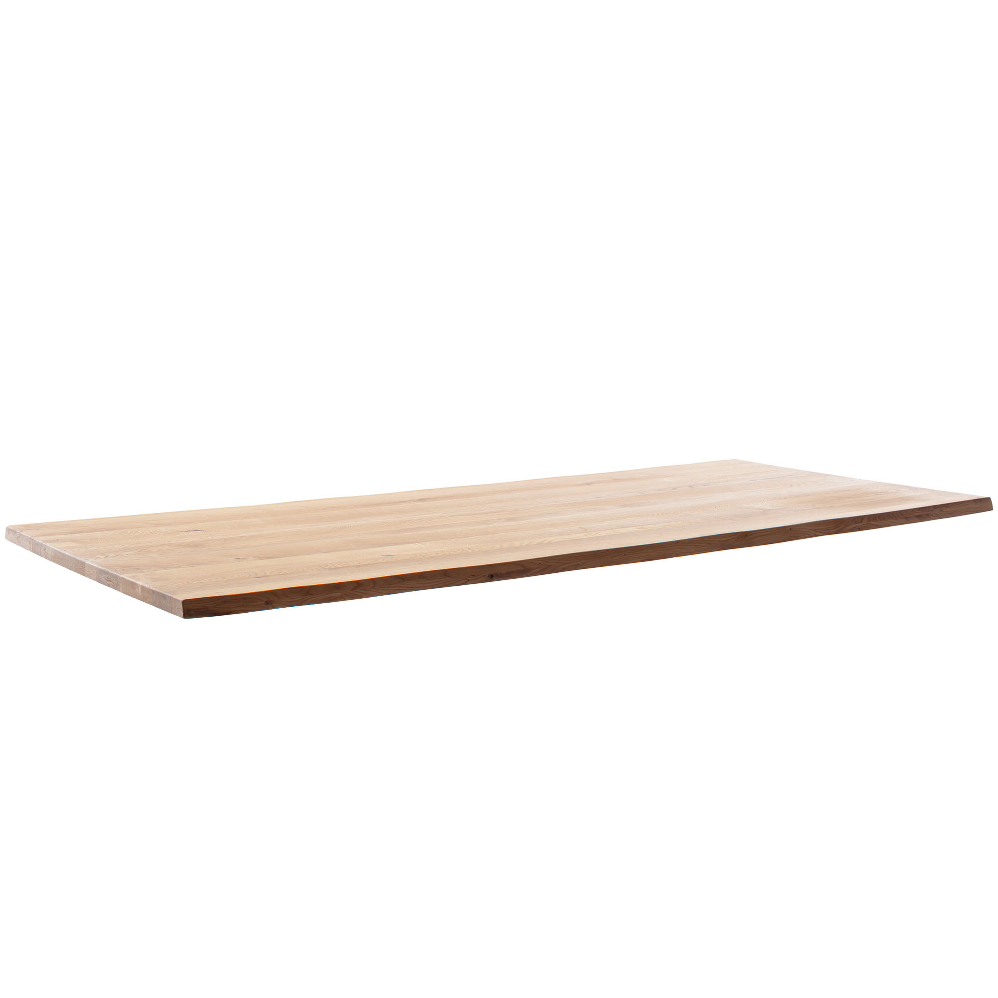 Rechteckige Tischplatte aus hellem Holz mit natürlicher Maserung und unregelmäßigen Kanten, vor weißem Hintergrund.