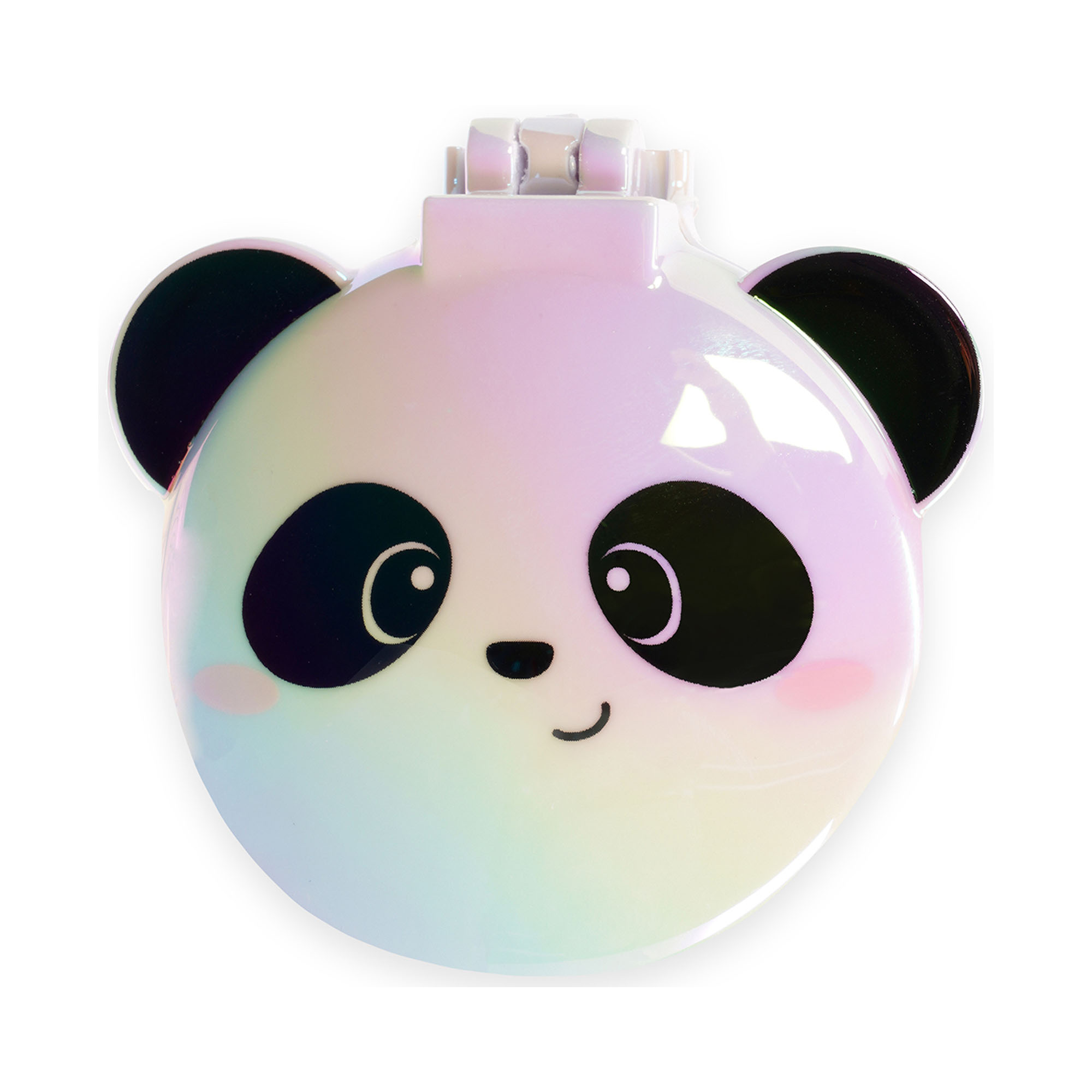 Runde Haarbürste mit Spiegel im Panda-Design, als runde geschlossene Tierfigur frontal dargestellt.