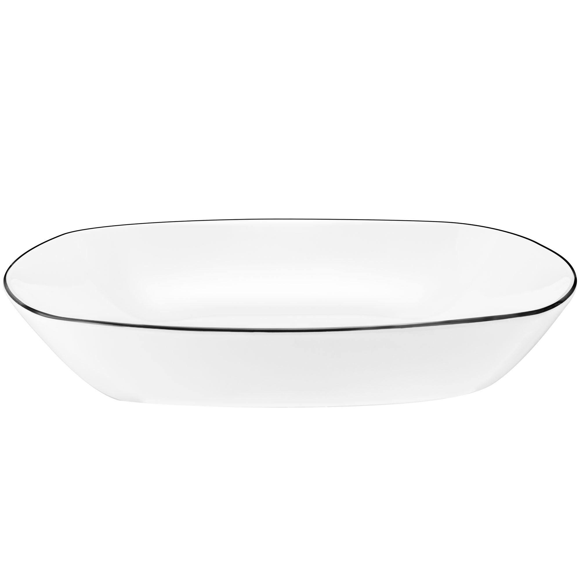 Schale in Weiß mit schwarzer Randlinie; Seitenansicht. Sichtbare Gestaltung: quadratisch mit abgerundeten Ecken und hoher Wandung.