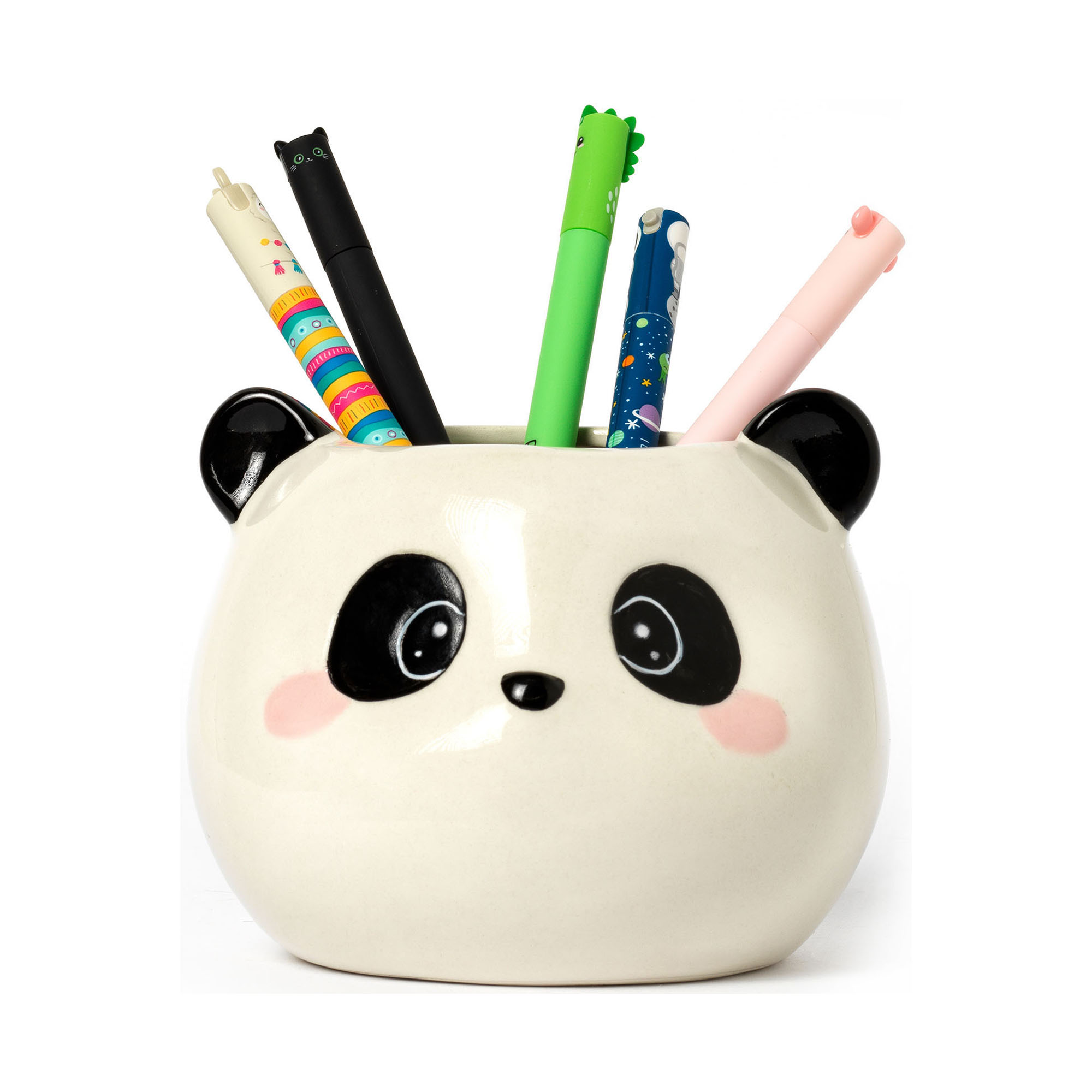 Keramik-Stiftehalter im Panda-Design, frontal und mit mehreren eingesteckten Stiften gezeigt.