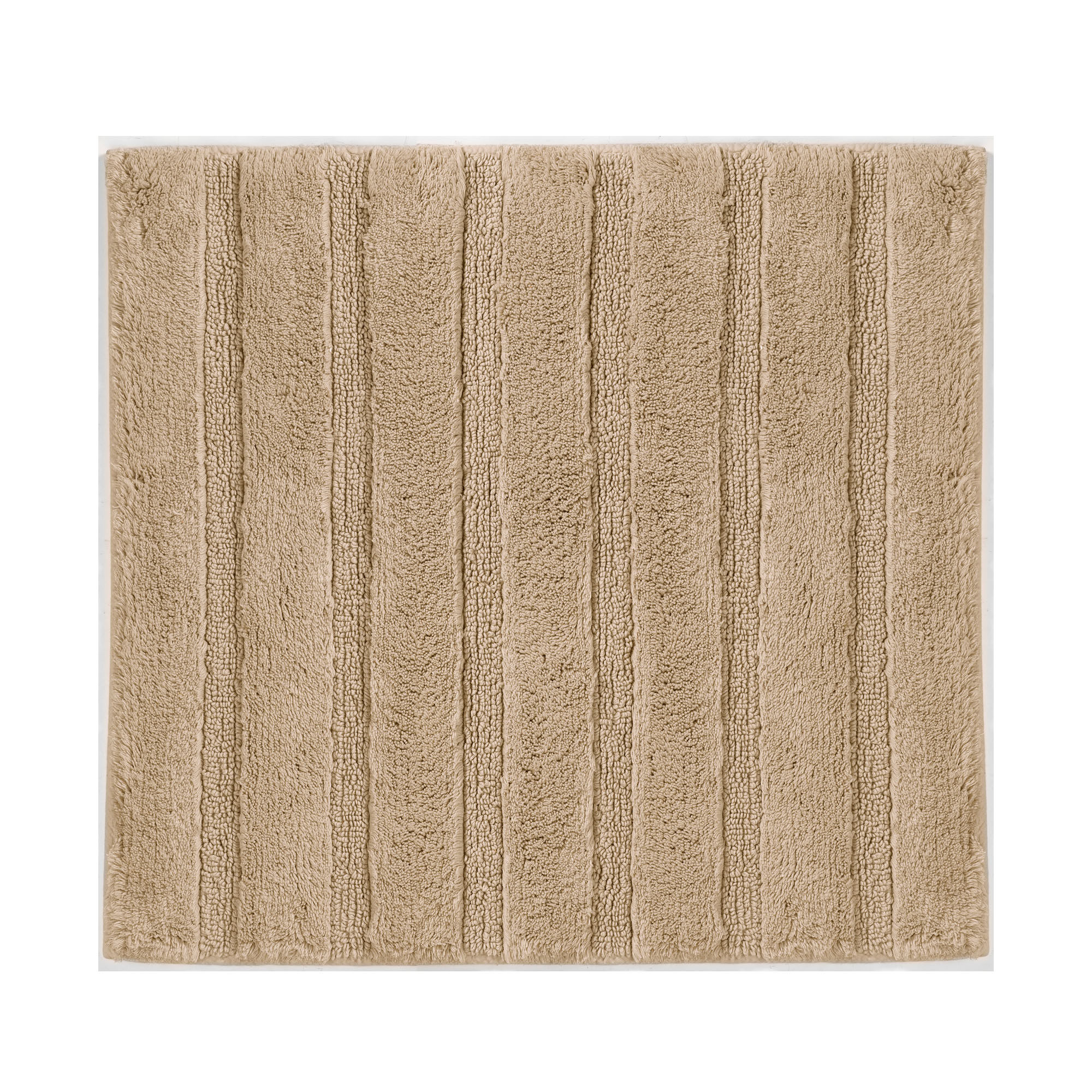 Beige rechteckige Badematte mit erhabener Rippenstruktur auf weißem Hintergrund
