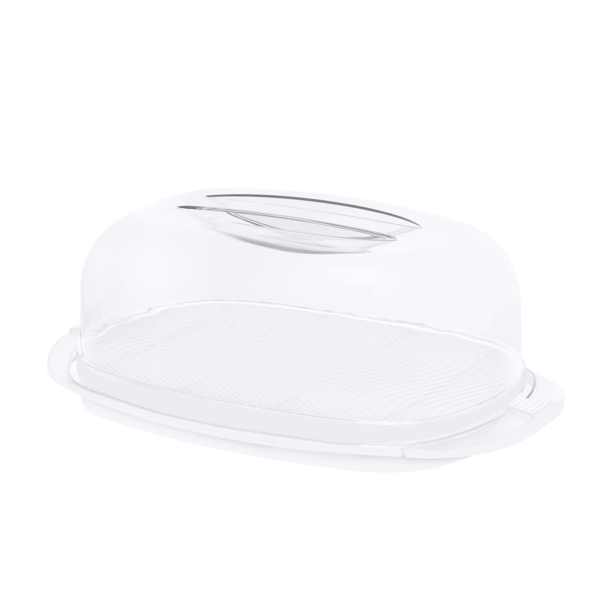 Transparente Kuchenhaube mit Griff auf einem weißen Unterteller