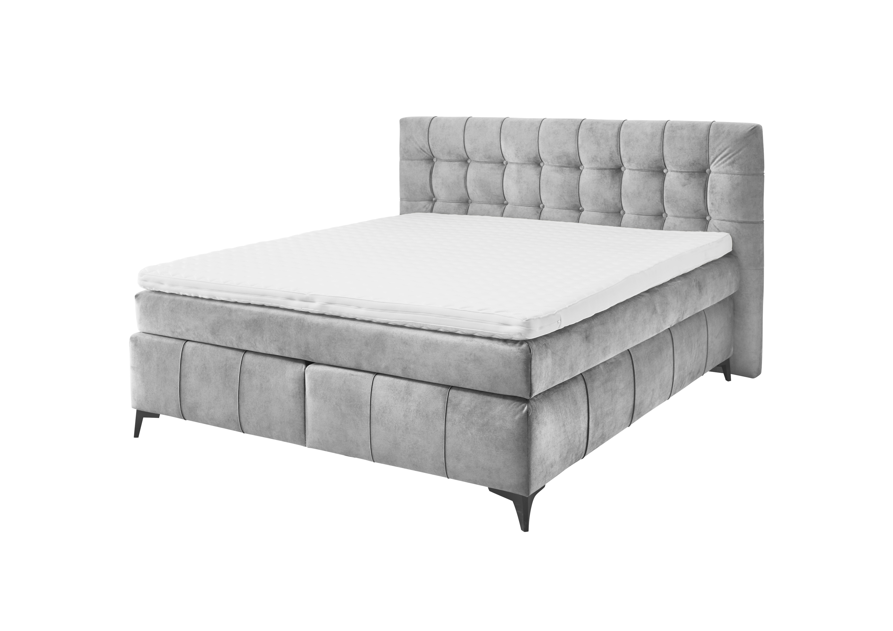 Boxspringbett mit grauem Stoffbezug, schräg von vorne aufgenommen, Matratze sichtbar, ohne Kissen auf der Liegefläche