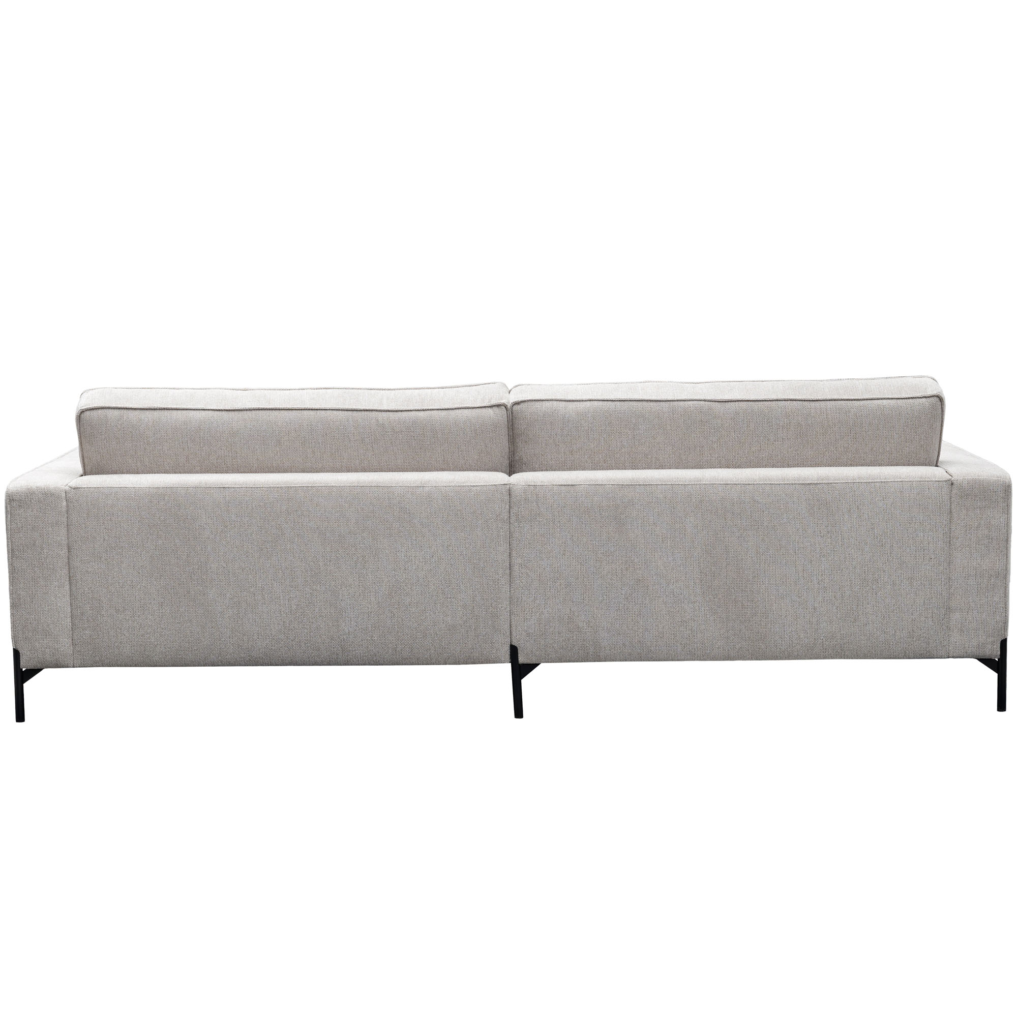 Rückansicht des beigefarbenen Ecksofas mit vollständig bezogenem Rücken, zwei Rückenpolstern und sichtbaren schwarzen Metallfüßen.