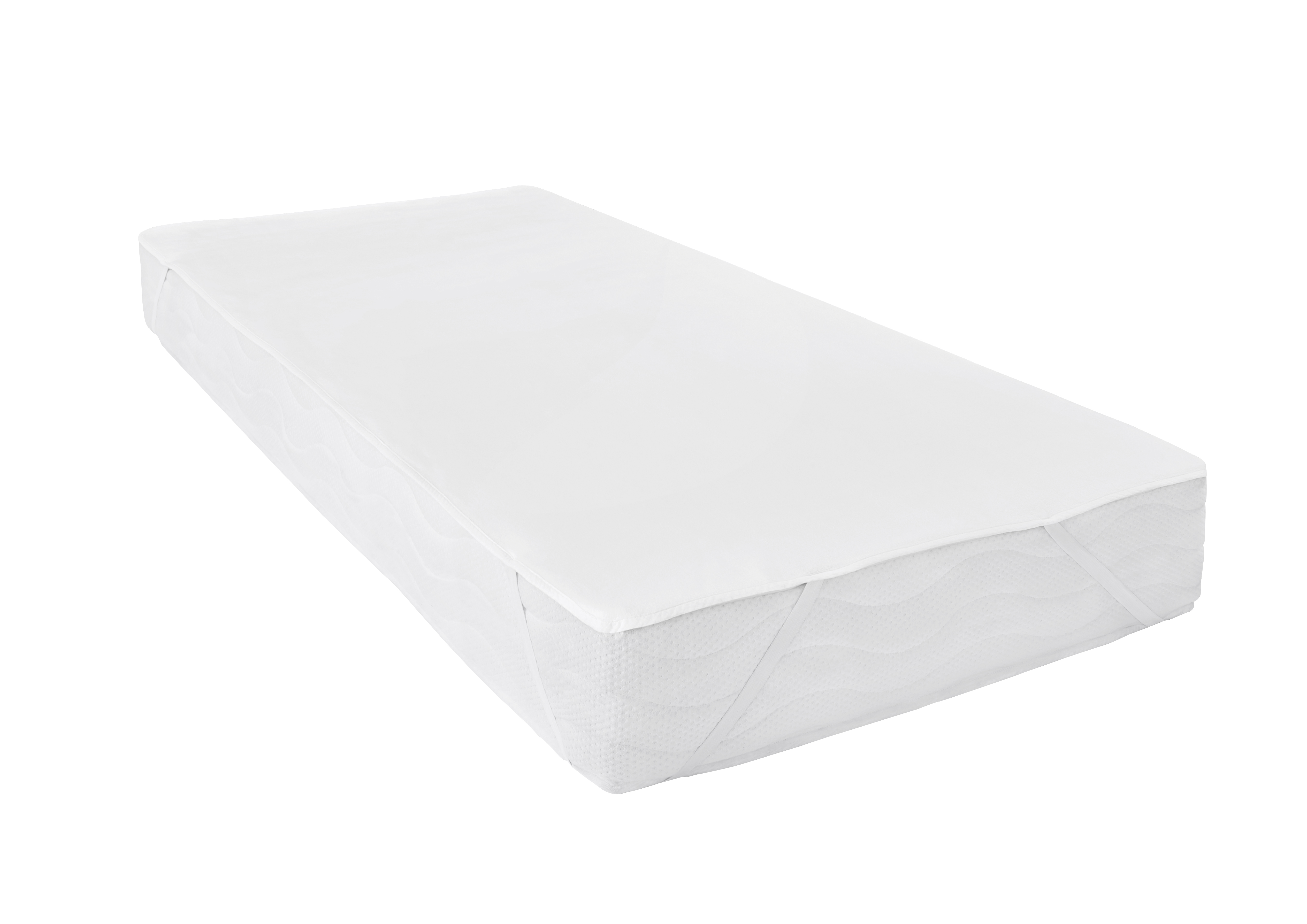 Moltonauflage Luna in Creme auf einer Matratze, freigestellt in schräger Gesamtansicht; Größe 90 x 200 cm.