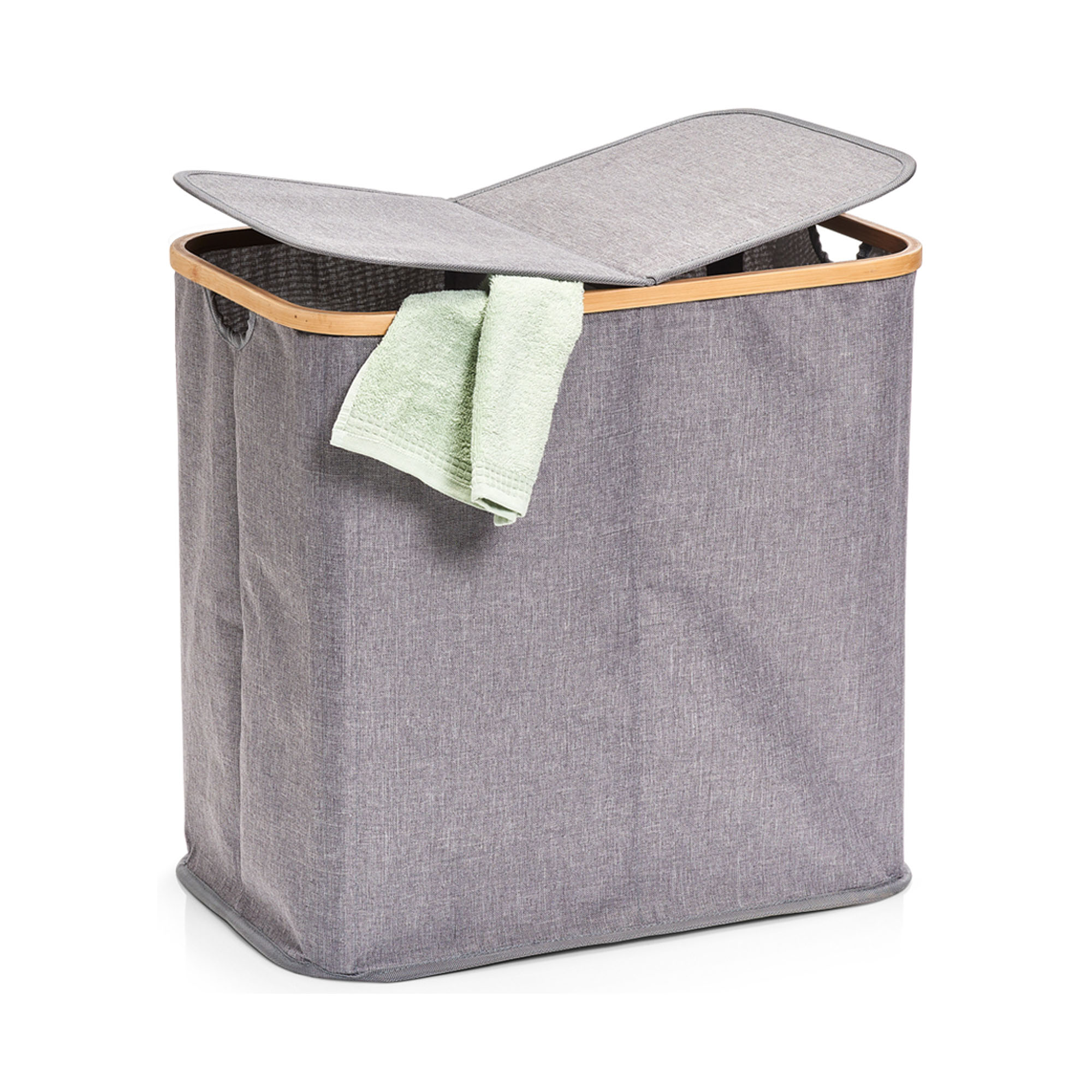 Zusätzliche Ansicht: Zeller Wäschesammler 2fach; Farbe grau; Material Polyester/Bambus; Ausführung: 2-fach; Maße ca. 53,4 × 33 × 50 cm.
