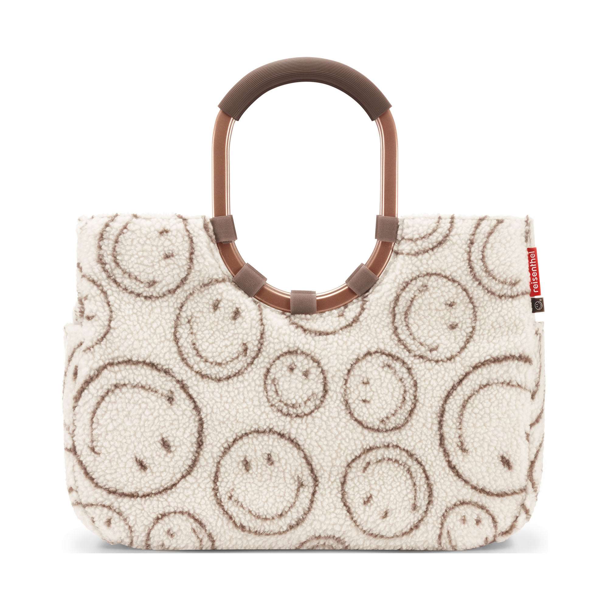 Shopper mit Ringgriffen von Reisenthel, Modell Loopshopper L, in Creme und Braun mit Smiley-Muster aus Teddyfleece, von hinten mit ovalen Ringgriffen