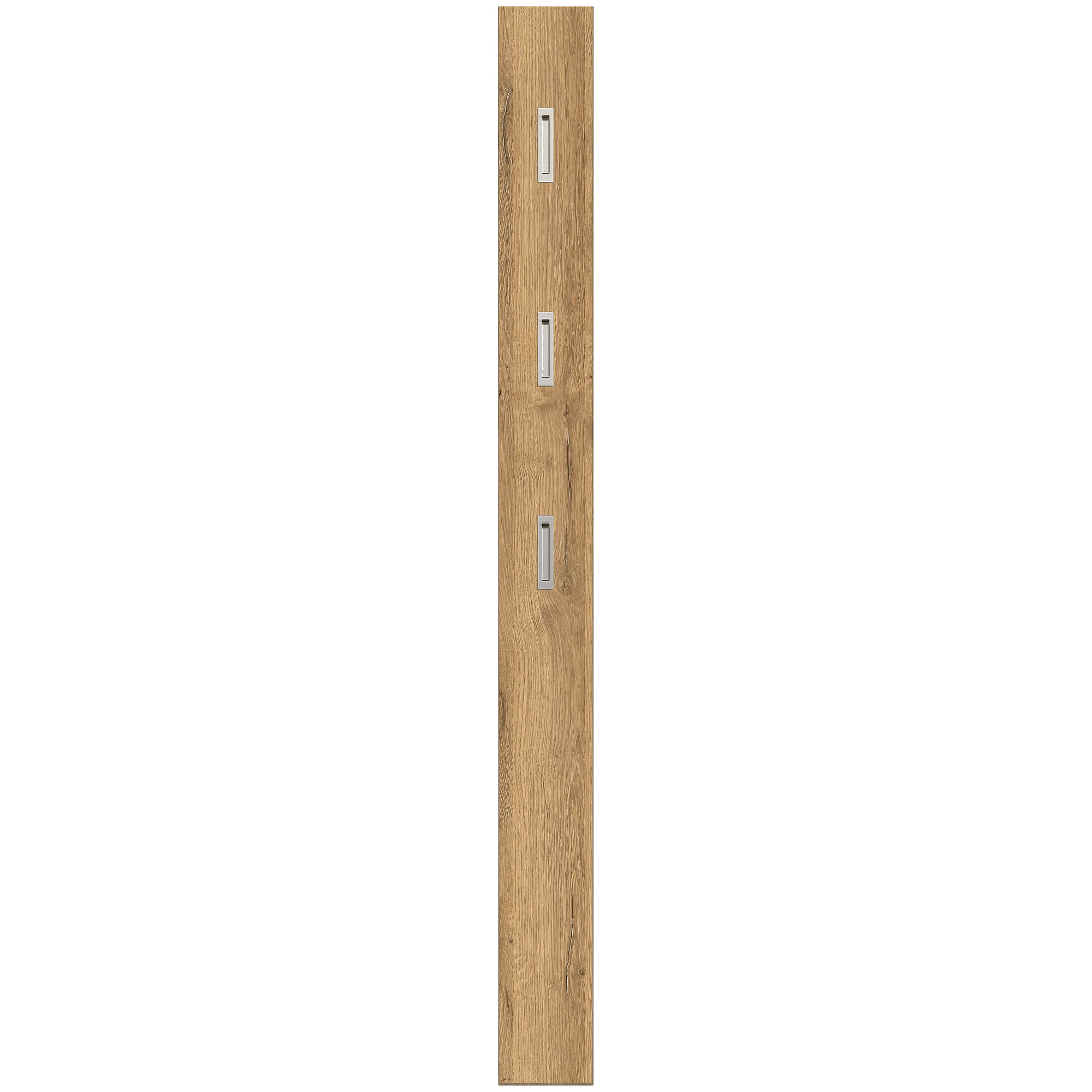 Frontalansicht eines schmalen Garderobenpaneels aus Holzoptik mit drei eingelassenen Metallhaken