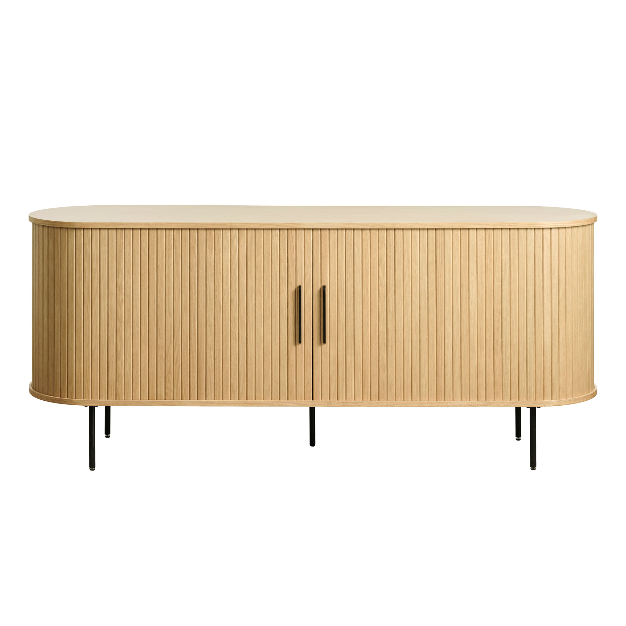 Rechteckiges Sideboard mit heller Holzoberfläche, Lamellenfront und schwarzen Metallfüßen, frontal aufgenommen.