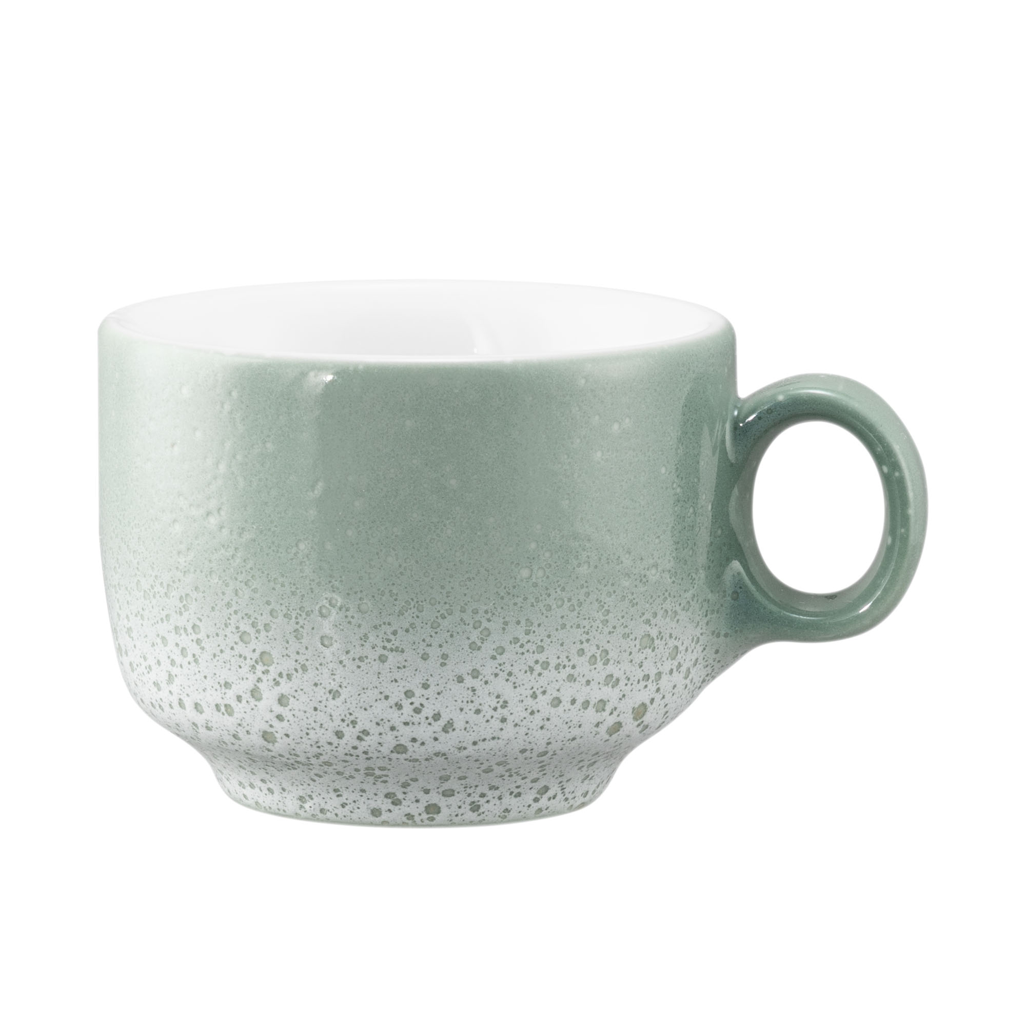 Tasse in Mint; niedrige runde Form mit gesprenkeltem Verlauf und Henkel. Ansicht: Seitenansicht.