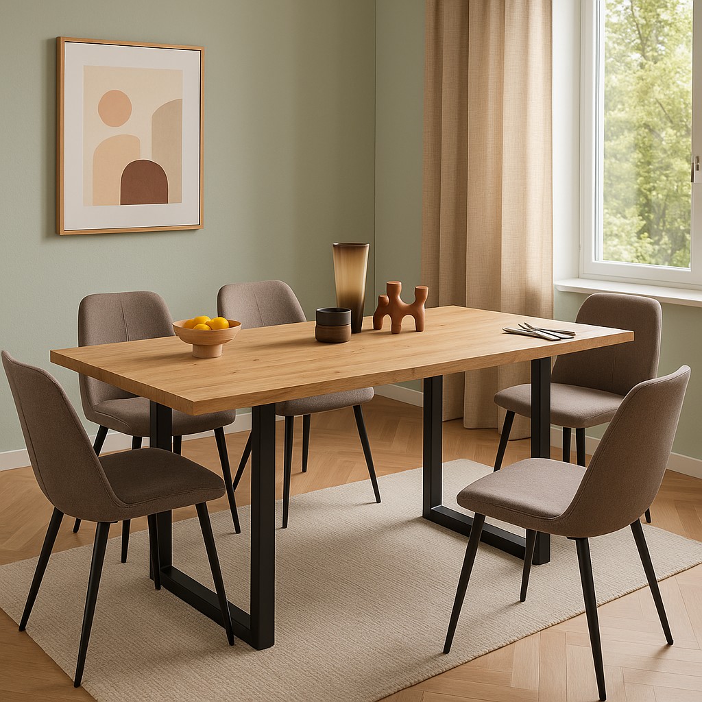 Holz-Esstisch mit schwarzem Metallgestell, umgeben von fünf gepolsterten Stühlen in Beige. Auf dem Tisch stehen eine Vase, Dekoration und eine Schale mit Orangen.