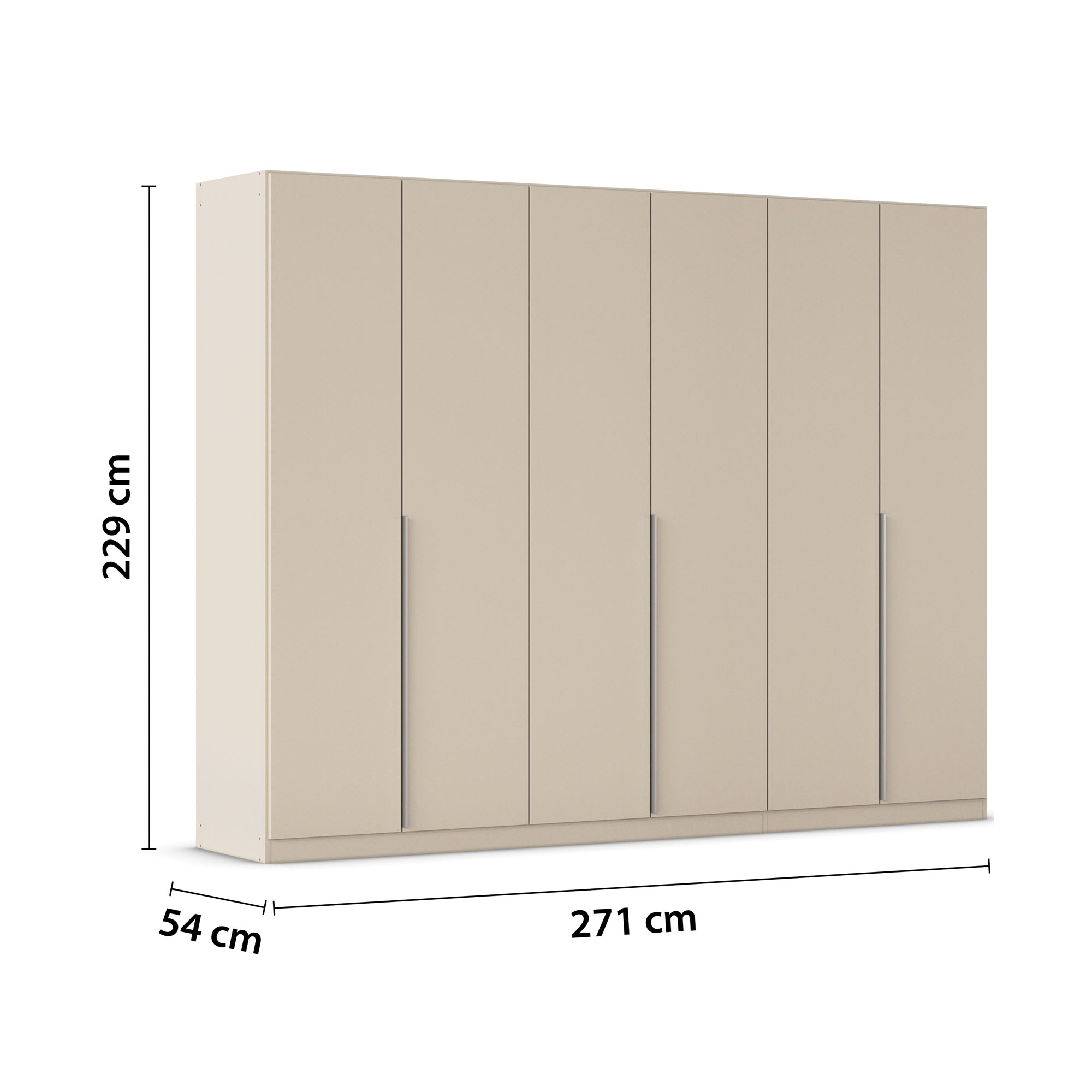 Champagnerfarbener Kleiderschrank mit Maßangaben 271 cm Breite, 229 cm Höhe und 54 cm Tiefe