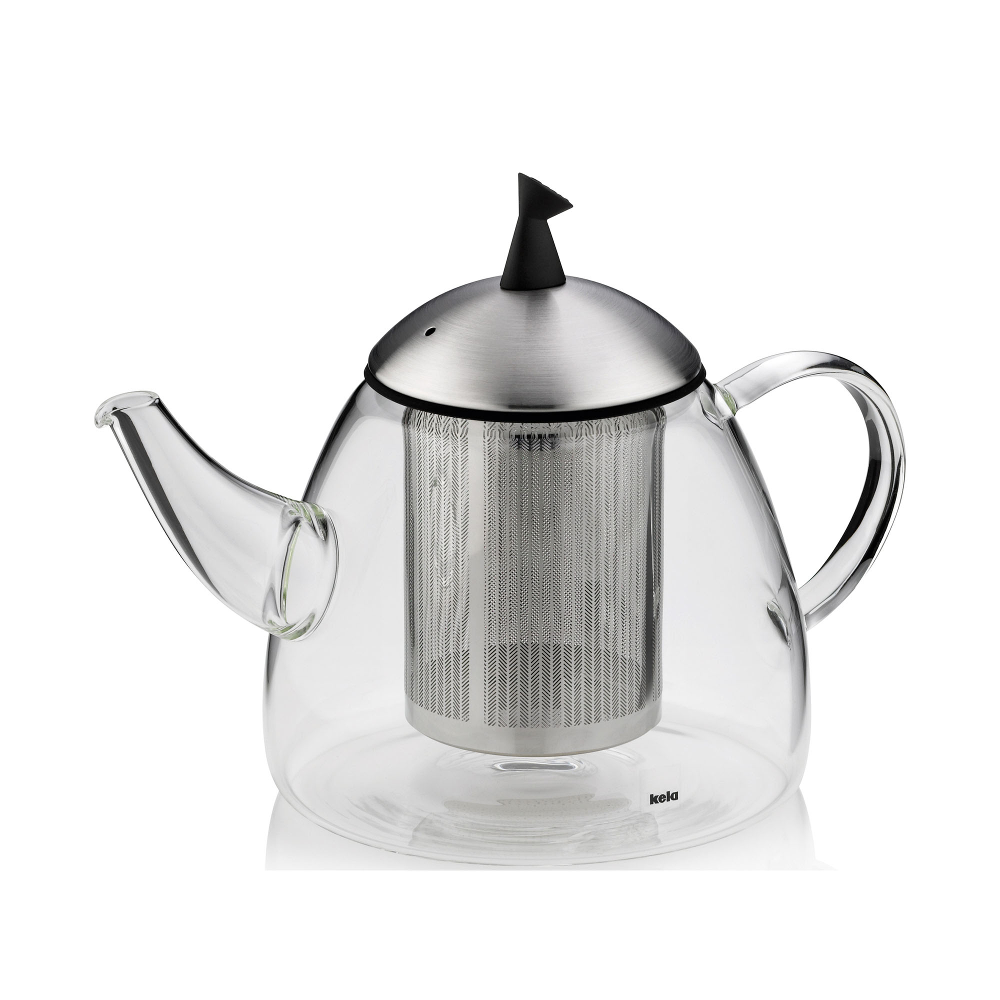 Transparente Teekanne aus Glas mit eingesetztem Edelstahlfilter, schwarzem Deckel und seitlichem Griff