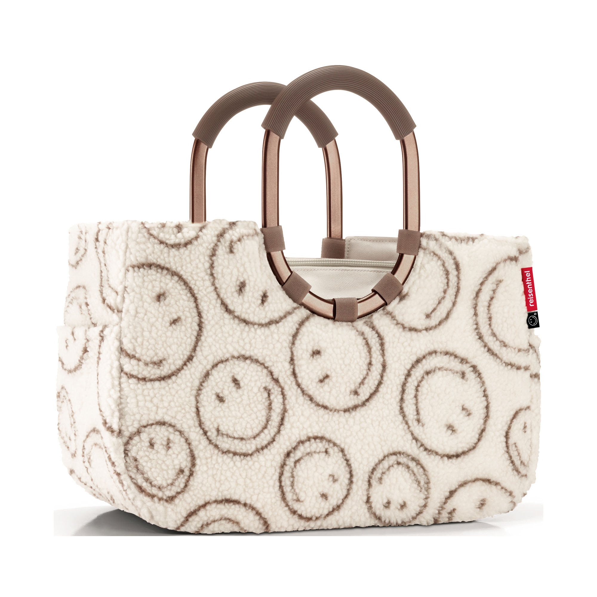 Shopper mit Ringgriffen von Reisenthel, Modell Loopshopper M, in Creme und Braun mit Smiley-Muster aus Teddyfleece, frontal mit zwei ovalen Ringgriffen