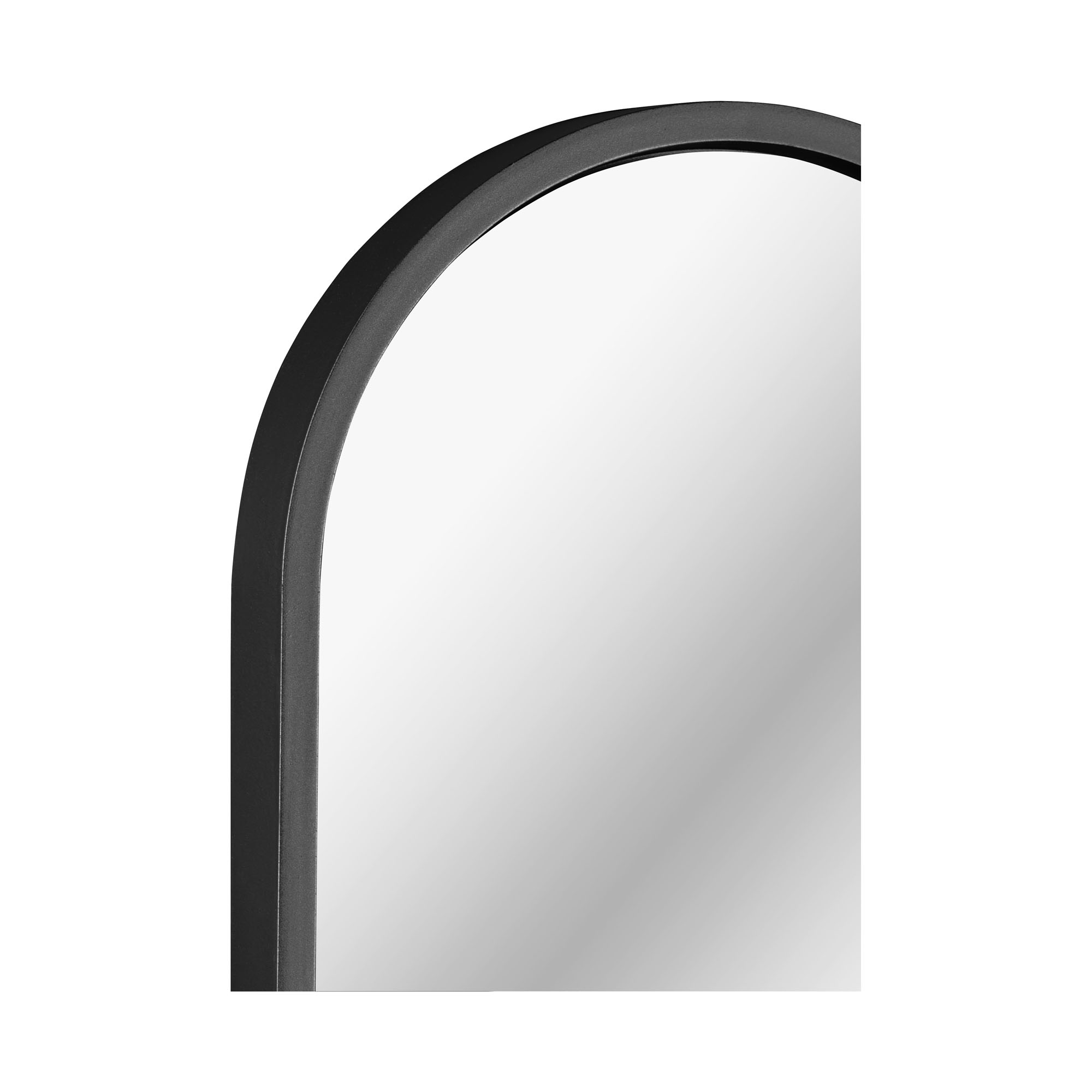 Rahmenspiegel Moni in Schwarz, als Nahaufnahme des gerundeten oberen Spiegel- und Rahmenbereichs; erkennbar ist die schmale längliche Spiegelfläche mit abgerundetem oberen Abschluss; Maße ca. 20 x 101 x 2,5 cm.