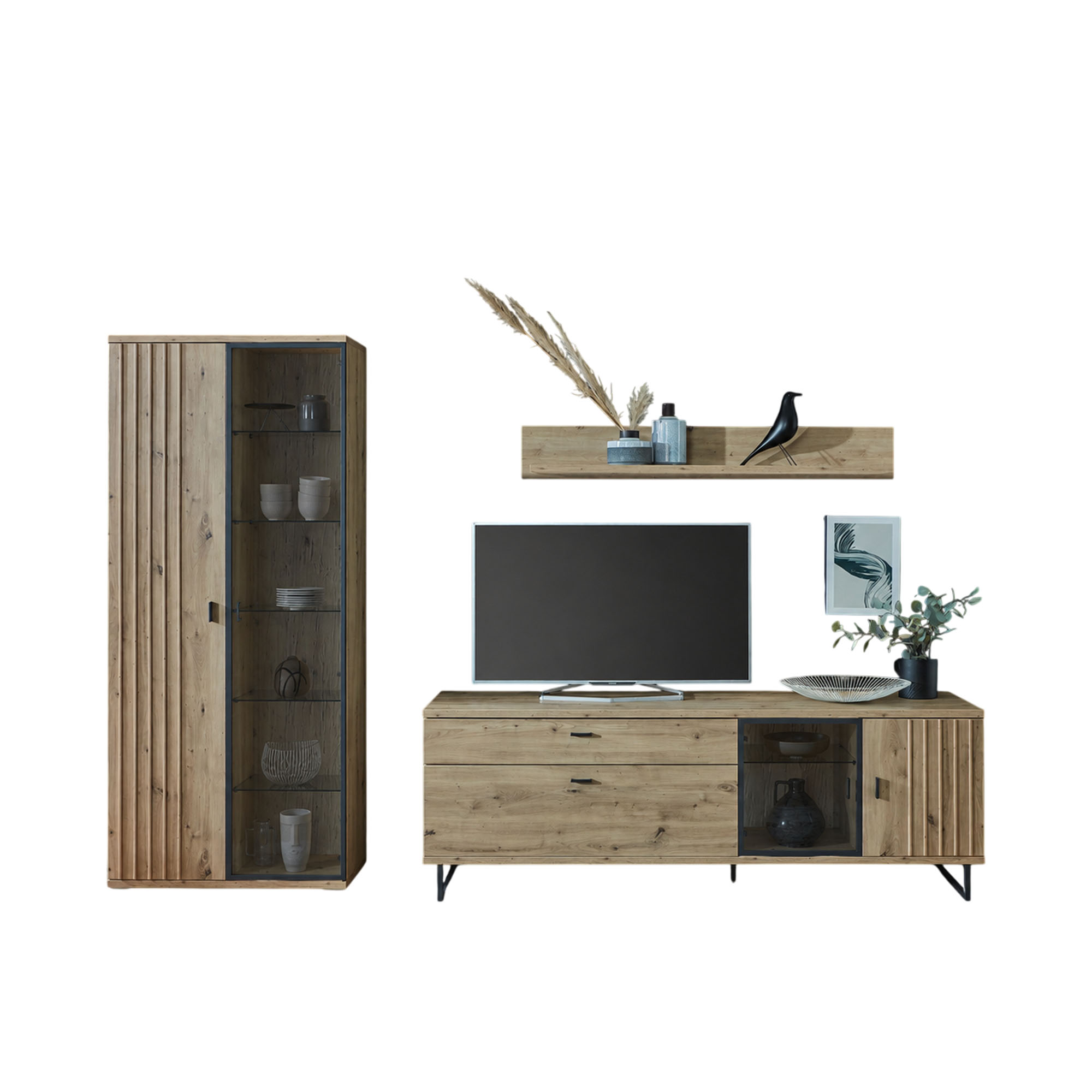Wohnkombination mit Hochschrank Lowboard und Wandregal in dunkler Holzoptik