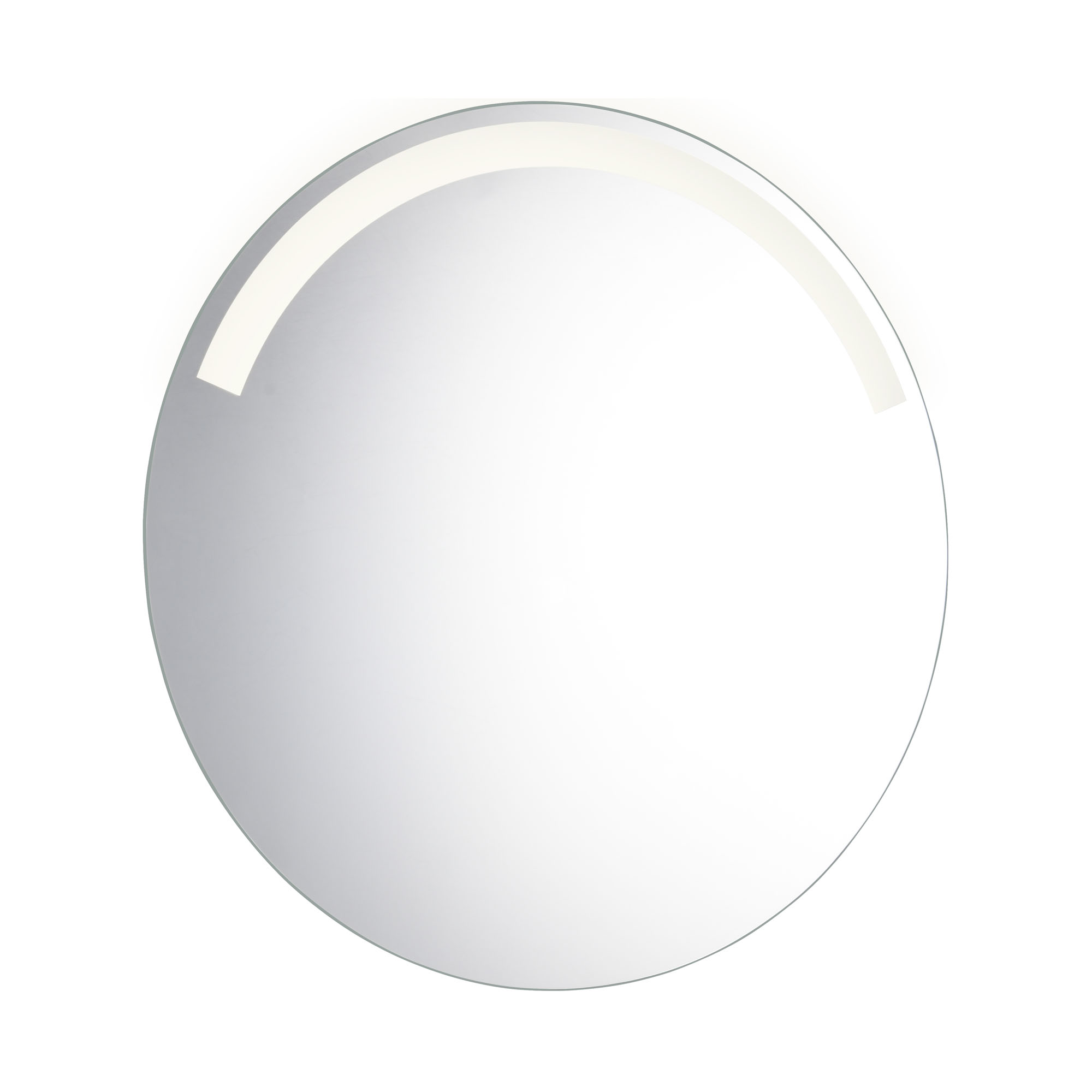 LED-Spiegel Agda, freigestellt in frontaler Gesamtansicht mit hellem Lichtbogen am oberen Rand; zu sehen ist die runde LED-Spiegelfläche mit bogenförmigem Lichtbereich im oberen Rand; Maße ca. 60 x 60 x 4 cm.