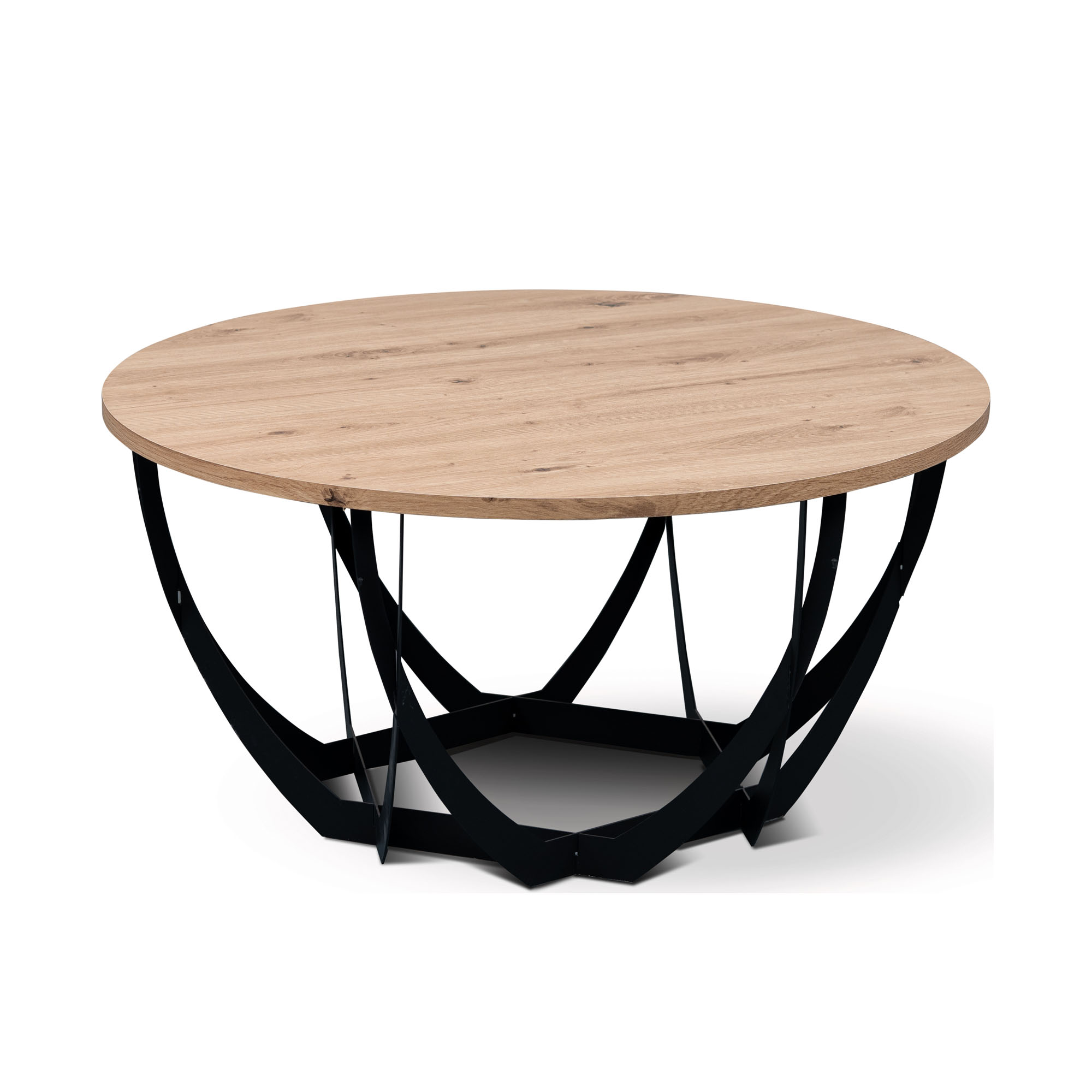Runder Couchtisch mit heller Holzplatte und schwarzem, geometrisch geformtem Metallgestell auf weißem Hintergrund