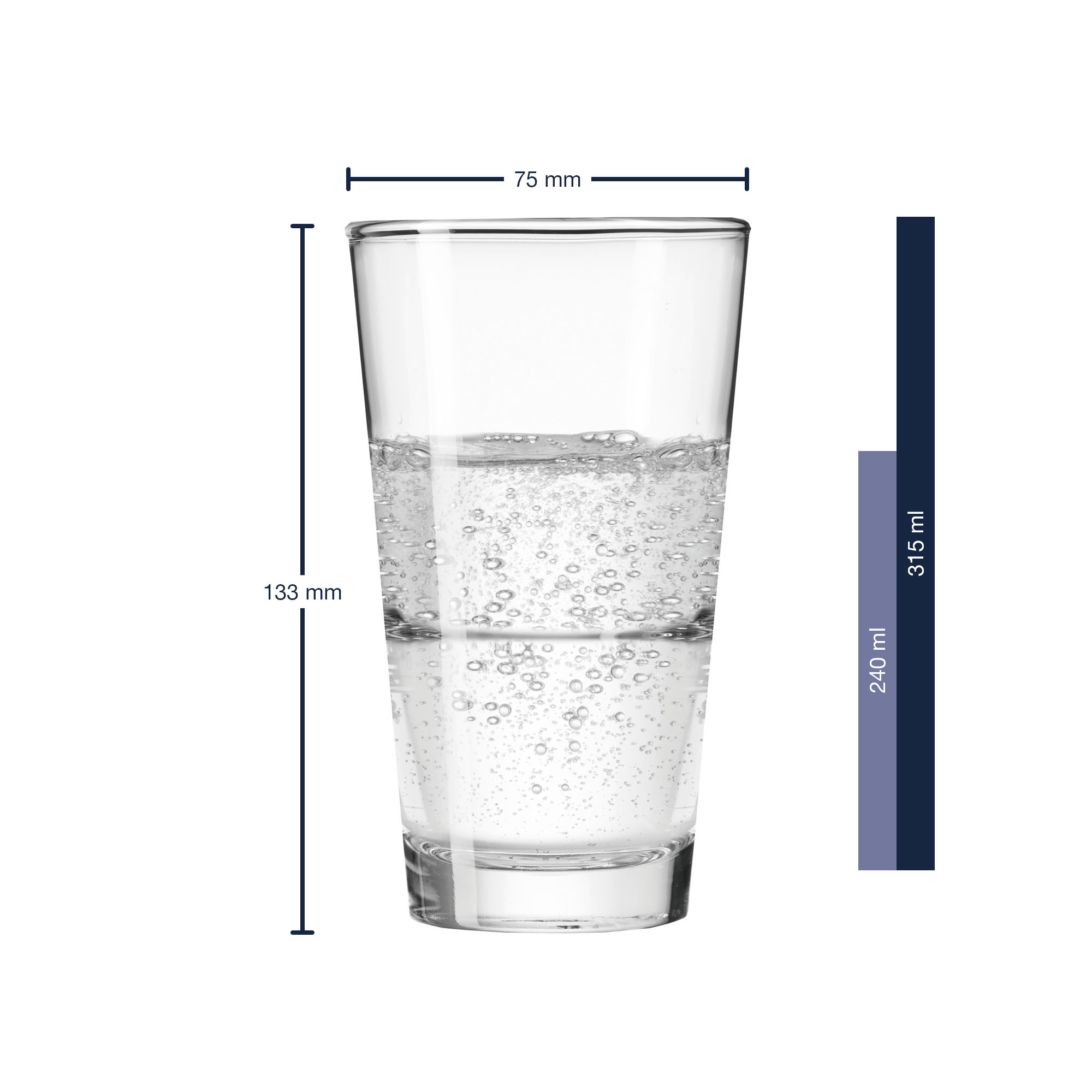 Detailaufnahme eines kleinen Trinkglases mit sprudelndem Wasser und Maßangaben 75 mm Durchmesser und 133 mm Höhe