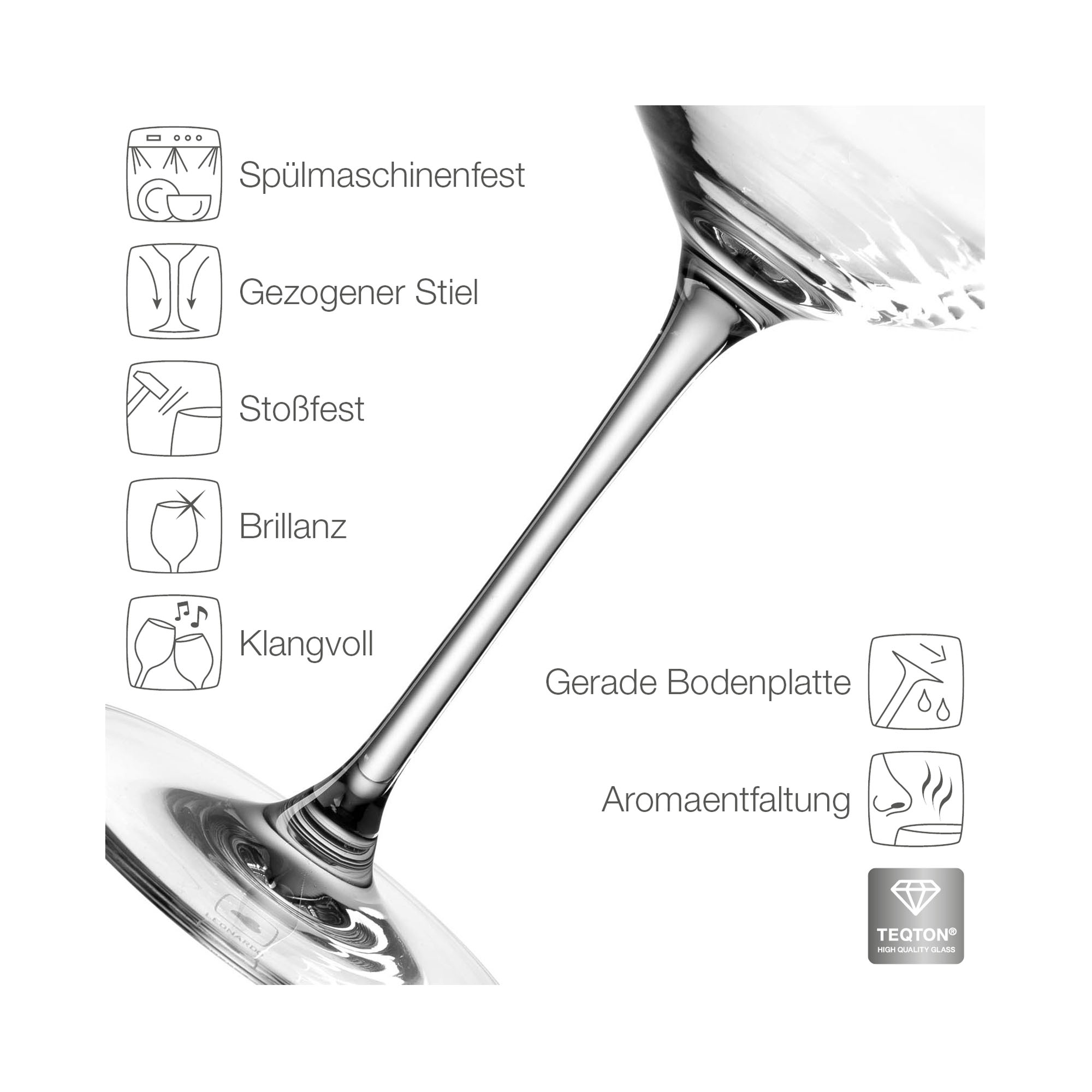 Detailbild Rotweinglas mit Symbolen für Stoßfestigkeit Brillanz und Aromaentfaltung