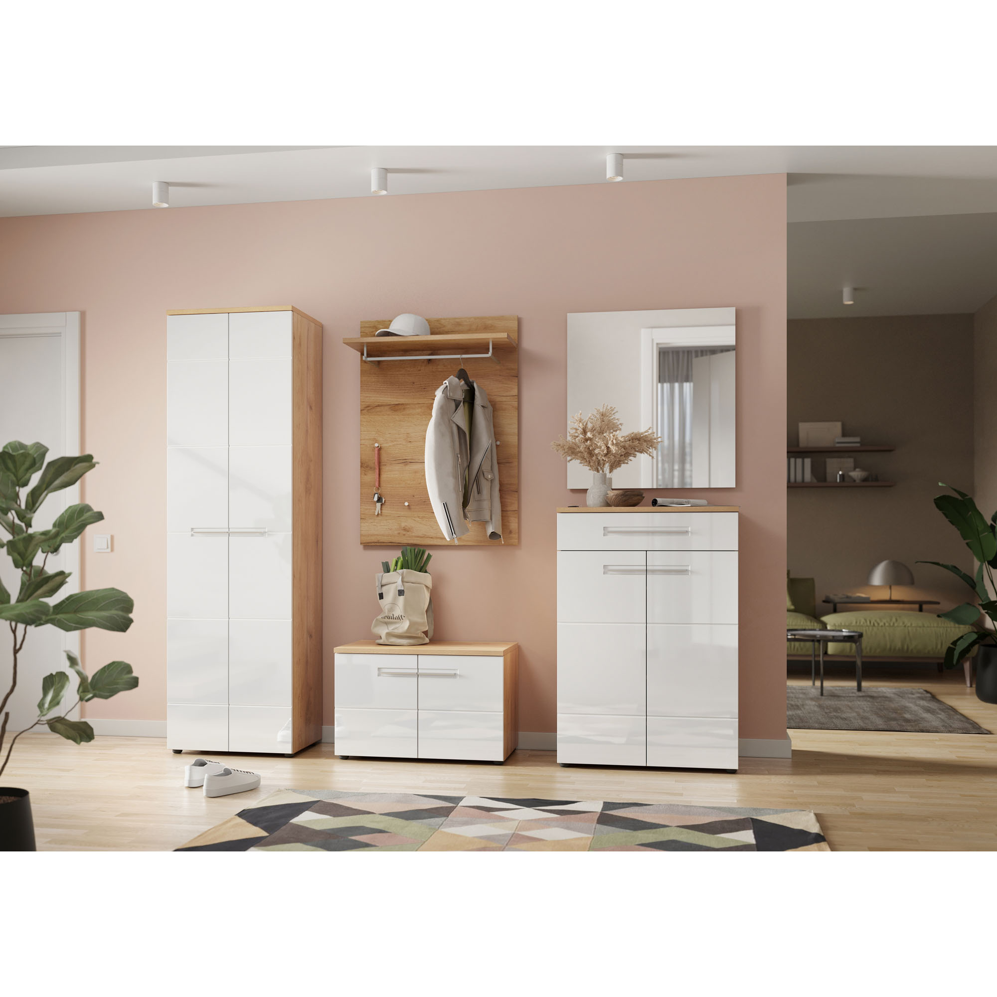 Garderobenpaneel in Holzoptik montiert an einer rosa Wand innerhalb einer modernen Diele