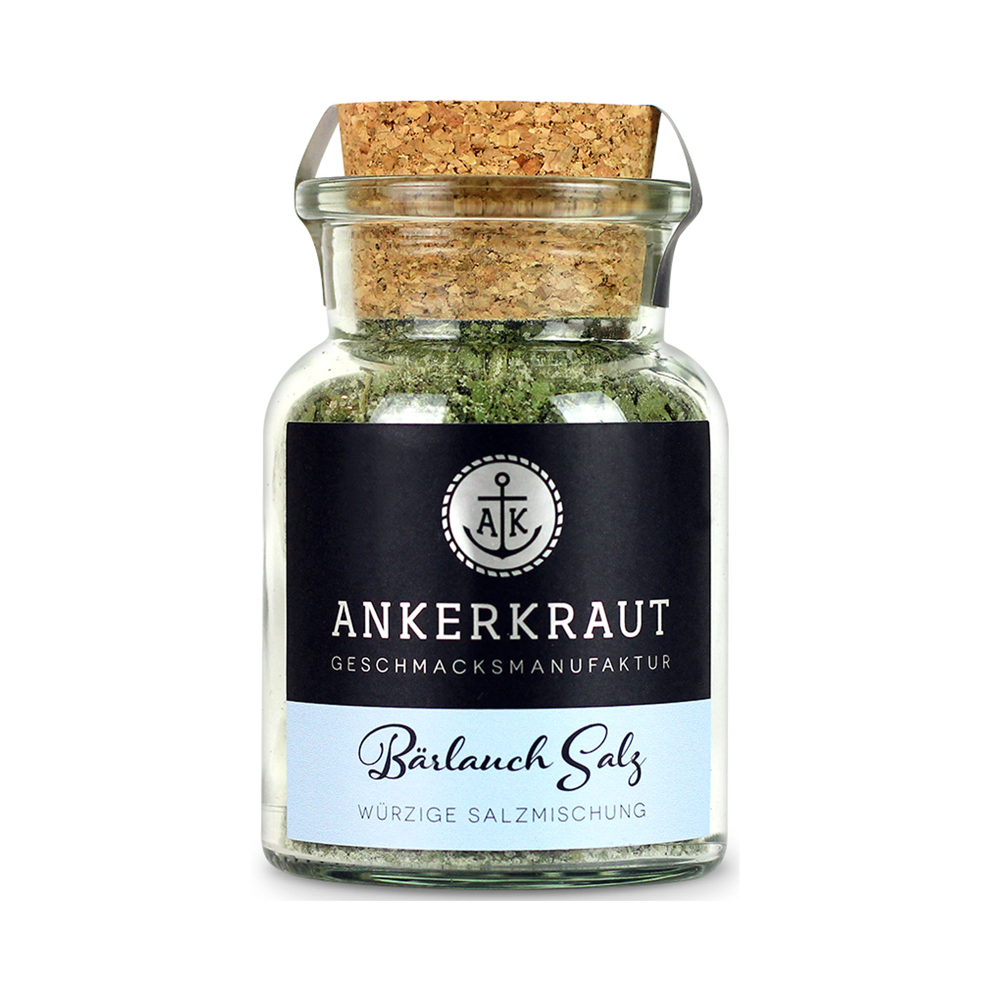 Bärlauch Salz im Ankerkraut-Glas mit Korken; durch das Glas ist eine grünlich gesprenkelte Salzmischung zu erkennen.