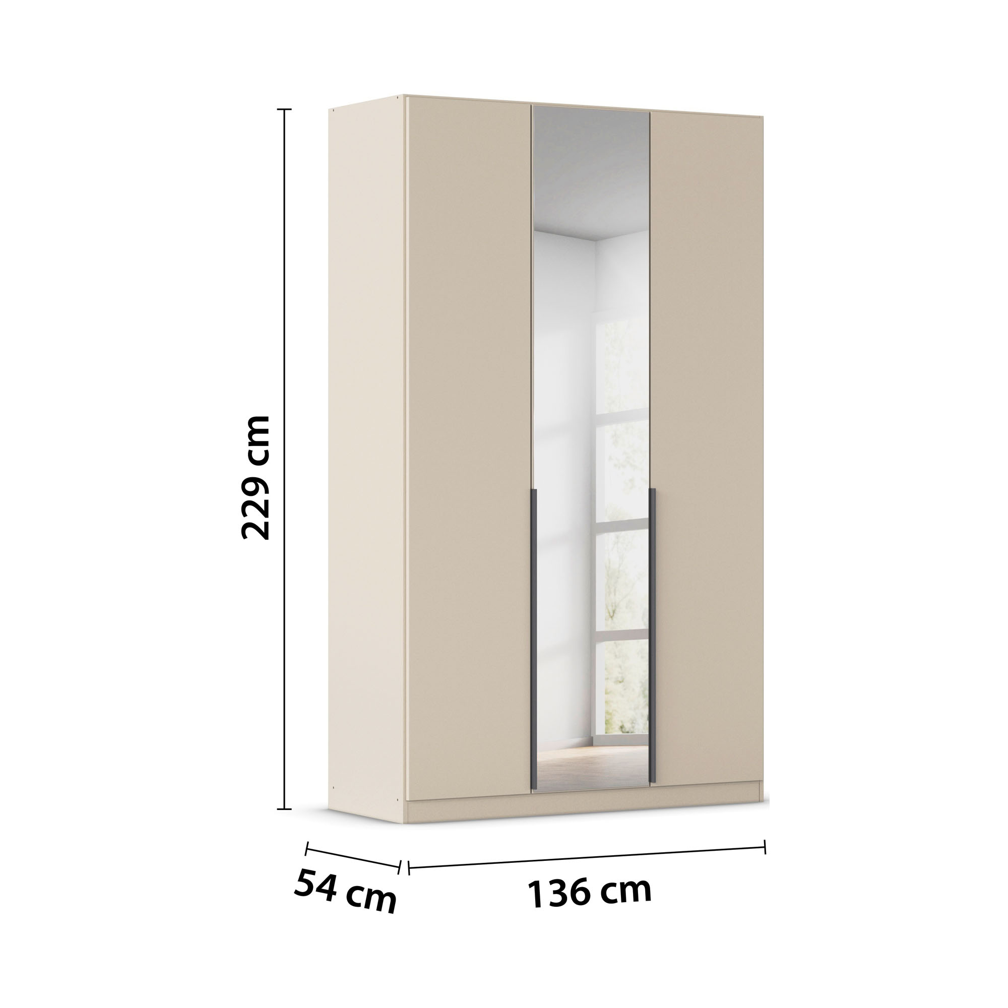 Champagnerfarbener Kleiderschrank mit eingezeichneten Maßen 136 cm Breite, 229 cm Höhe und 54 cm Tiefe
